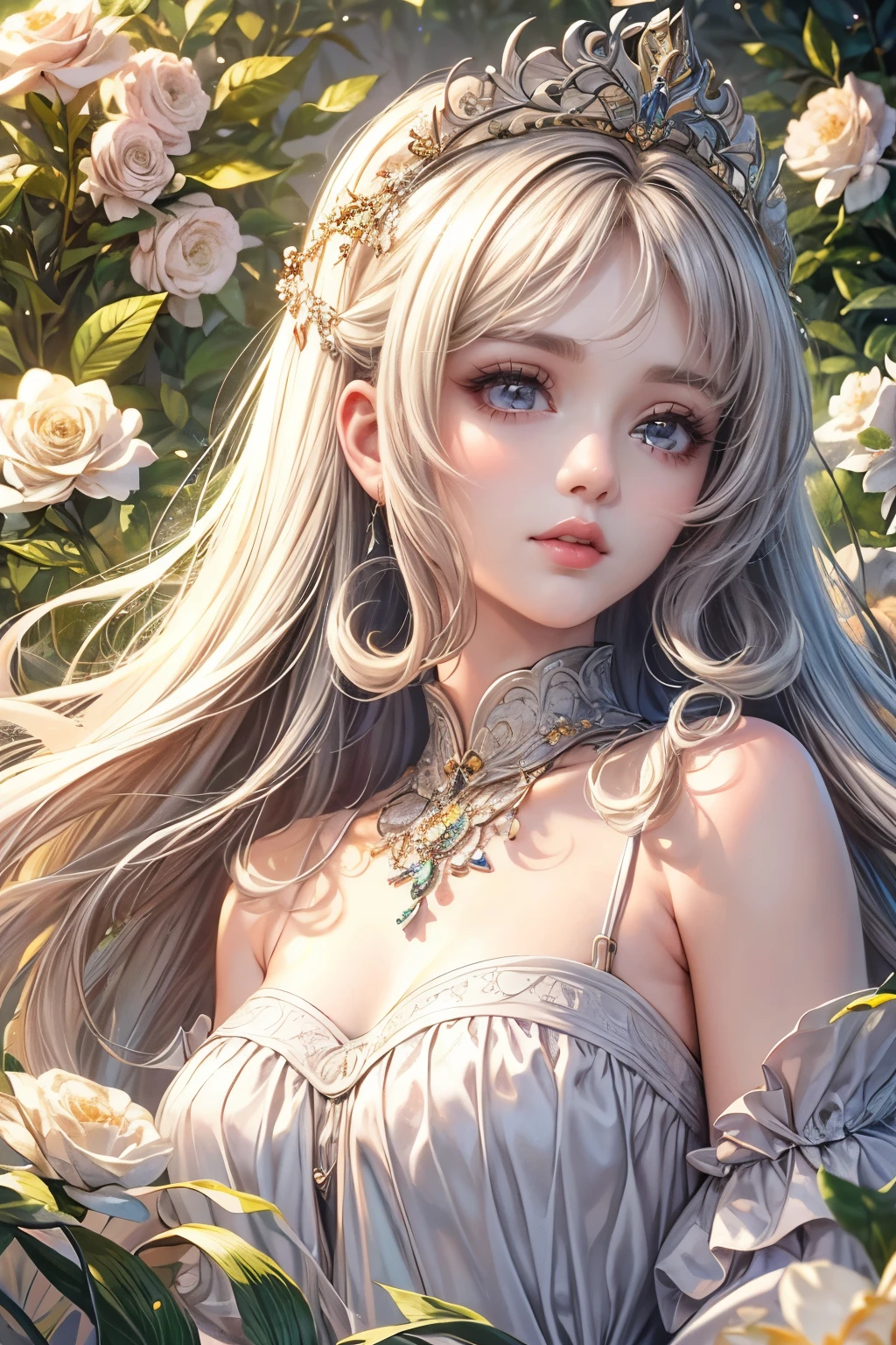 (best quality,8K,CG),detailed upper body,solitary girl,floral forest background,complex facial features,elegant long curly hair,almond-shaped big eyes,detailed eye makeup,long eyelashes,twinkling stars,exquisite lip details,soft and harmonious style.