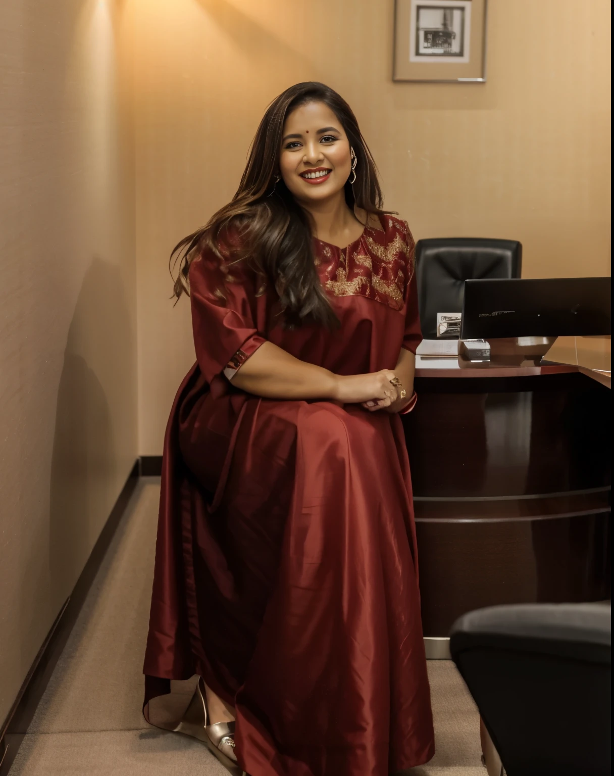 woman in red dress standing in front of a reception desk, in office, in the office, in an office, with a happy expression, idian dress, wearing an elegant tribal outfit, sitting in office, dressed in long fluent skirt, wearing an elegant dress, dressed with long fluent clothes, with a cool pose, doing an elegant pose, candid picture