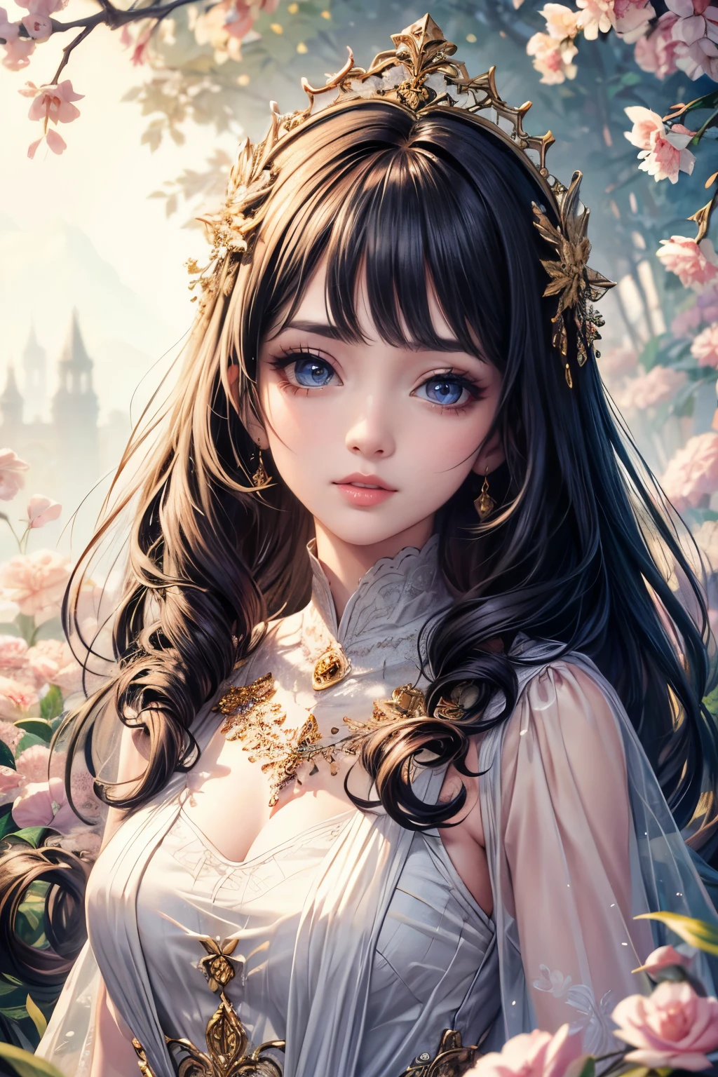(best quality,8K,CG),detailed upper body,solitary girl,floral forest background,complex facial features,elegant long curly hair,almond-shaped big eyes,detailed eye makeup,long eyelashes,twinkling stars,exquisite lip details,soft and harmonious style.