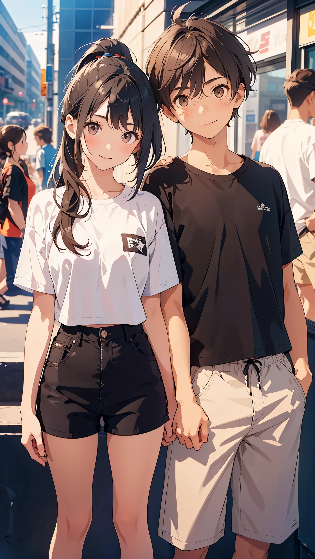 Girl and boy, 16 years old, standing together, smiling. He has brown eyes+Brown hair+Blue T-shirt and pants, and she has black eyes+Ponytail black hair+Shirt and shorts, background in a public place, selfie, high resolution, high detail, detailed face, detailed eyes, detailed body