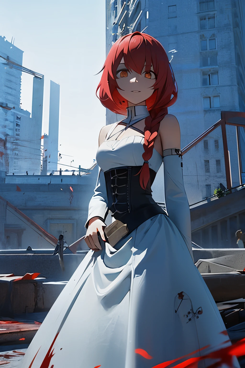 A girl, white eyes, black and red hair, long light blue dress with blood, psychotic look, perfect hand, beautiful face, in the background a destroyed medieval city, blue skin, best quality, masterpiece, hairstyle with double braids