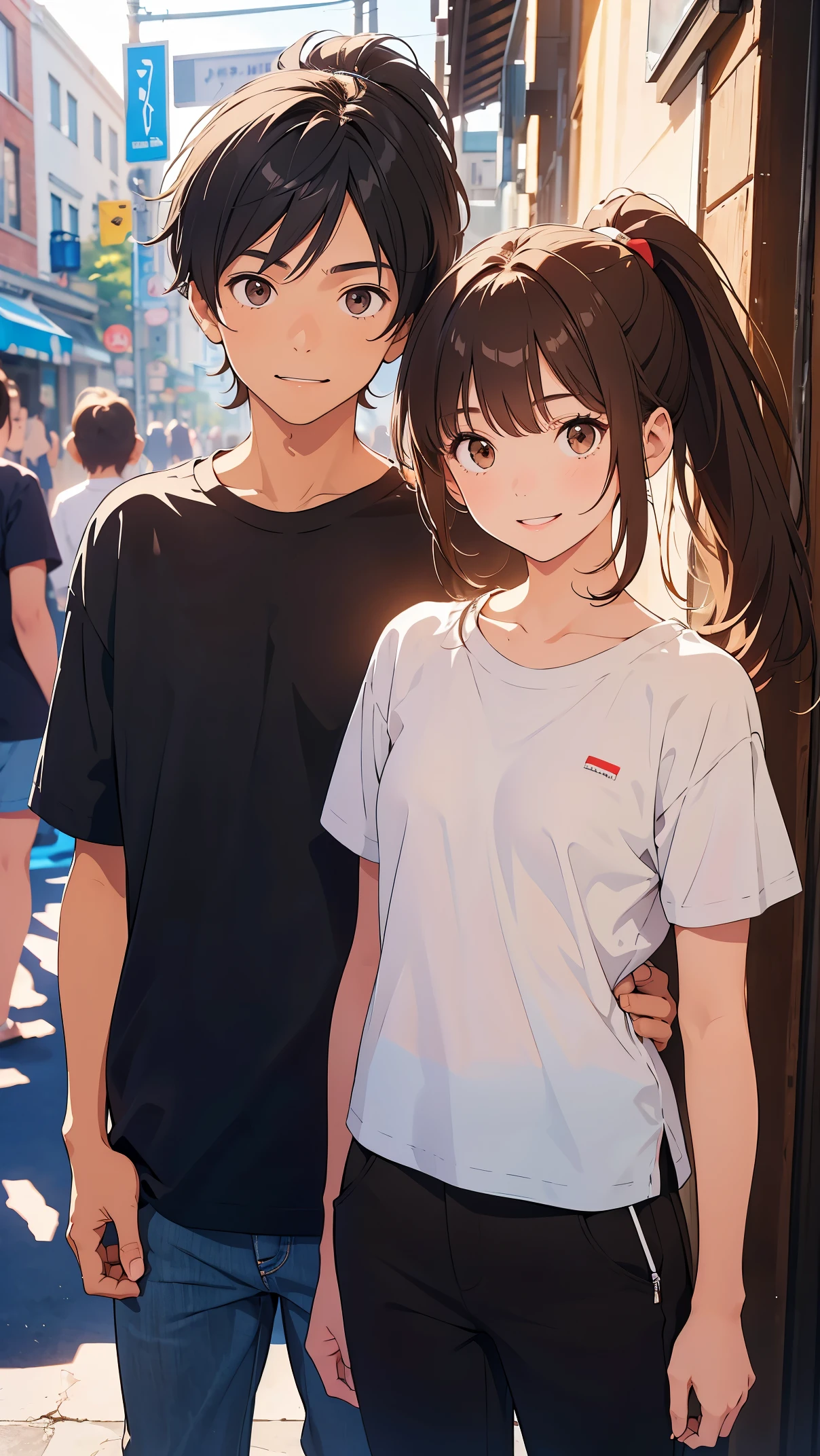 Girl and boy, , standing together, smiling. He has brown eyes+Brown hair+Blue T-shirt and pants, and she has black eyes+Ponytail black hair+Shirt and shorts, background in a public place, selfie, high resolution, high detail, detailed face, detailed eyes, detailed body