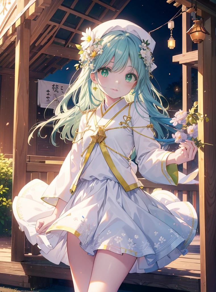 index, index, (Green eyes:1.5), Blue hair, Long hair, (flat chest:1.2),Upper body,Floral hair ornament， Tying up your back hair，fullllbody,Romper，White Japanese Clothing，furisode，a miniskirt，White knee-high socks，brown short boots，shrines，food stall，a smile，The sun begins to rise，Sunrise，Happy atmosphere，幸せそう
Romper (masutepiece:1.2), Best Quality, High resolution, Unity 8k壁纸, (Illustration:0.8), (Beautiful detailed eyes:1.6), extra detailed face, Perfect Lighting, extremely details CG, (Perfect hands, Perfect Anatomy),