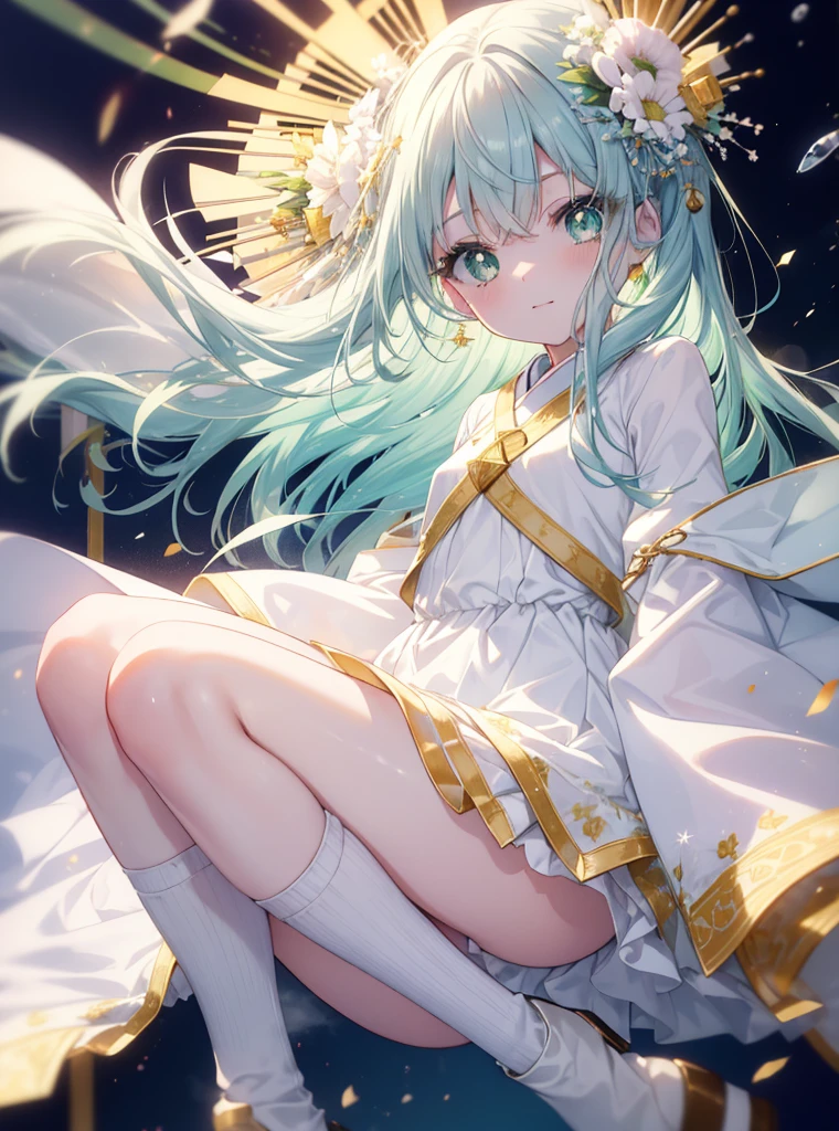index, index, (Green eyes:1.5), Blue hair, Long hair, (flat chest:1.2),Upper body,Floral hair ornament， Tying up your back hair，fullllbody,Romper，White Japanese Clothing，furisode，a miniskirt，White knee-high socks，brown short boots，shrines，food stall，a smile，The sun begins to rise，Sunrise，Happy atmosphere，幸せそう
Romper (masutepiece:1.2), Best Quality, High resolution, Unity 8k壁纸, (Illustration:0.8), (Beautiful detailed eyes:1.6), extra detailed face, Perfect Lighting, extremely details CG, (Perfect hands, Perfect Anatomy),