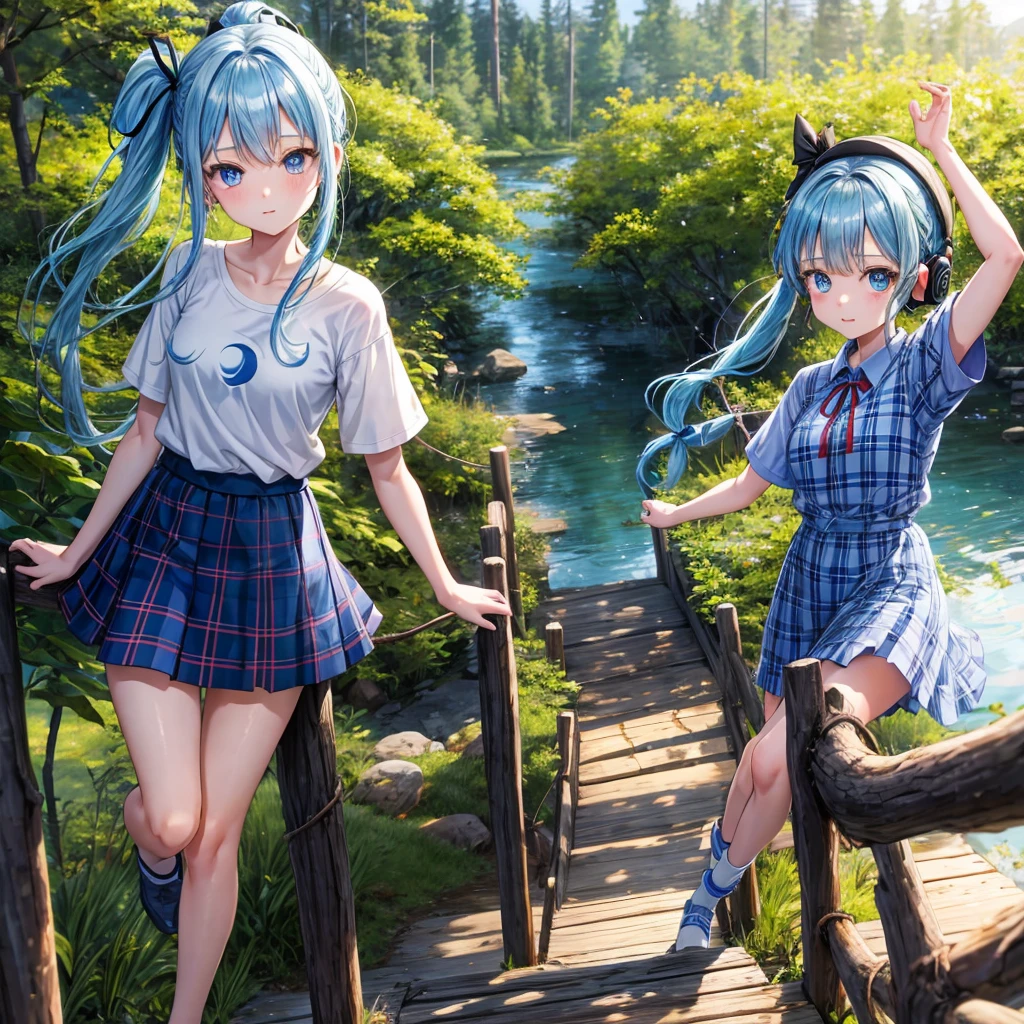blue hair、blue eyes raid、one bewitching girl、solo、and soul、plaid mini skirt、Wet and see-through white T-shirt、Wet and see-through camisole、forest、sunlight、Wearing a plaid baseball cap、barefoot、tilt one&#39;s face、walk、Cross the log bridge while keeping your balance、doing ribbon、have a twig、climb the wooden stairs、rolled up skirt、I can see it、下着を付けていない、濡れて透けたタンクトップ、