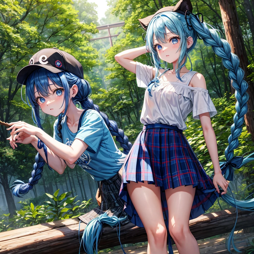Blue hair、blue eyess、Braids、poneyTail、one good looking girl、独奏、animesque、Plaid miniskirt、Black T-shirt、camisole、the woods、Wearing a plaid baseball cap、bare-legged、Tilting your face、Walking、Crossing a log bridge while keeping balance、Doing the ribbon、have a twig、climbing the wooden stairs、falls、Blue Topaz、Sunset sky、Wearing headphones、spirals