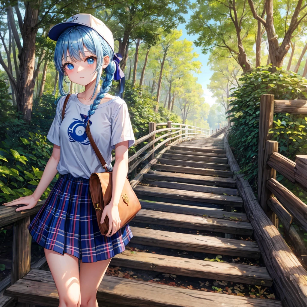 Blue hair、blue eyess、Braids、poneyTail、one good looking girl、独奏、animesque、Plaid miniskirt、Black T-shirt、camisole、the woods、Wearing a plaid baseball cap、bare-legged、Tilting your face、Walking、Crossing a log bridge while keeping balance、Doing the ribbon、have a twig、climbing the wooden stairs、falls、Blue Topaz、Sunset sky、Wearing headphones、spirals