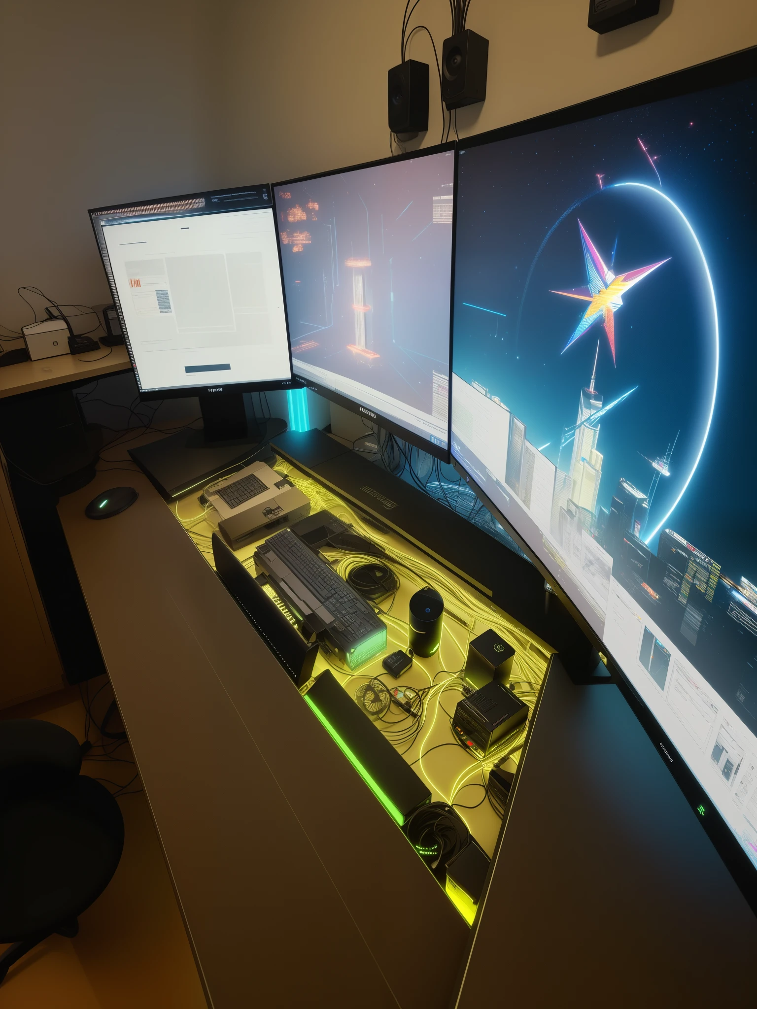 there are 3 three monitors on the desk with a computer on it, satisfying cable management, gamer screen on metallic desk, highly detailed 8k, highly detailed 8 k, 8 k wide shot, hyper detailed 8 k, cyberpunk setting, floating monitors, 8k highly detailed, liquid cooled desktop, 8 k highly detailed, intricate detailed 8 k, 8 k rez