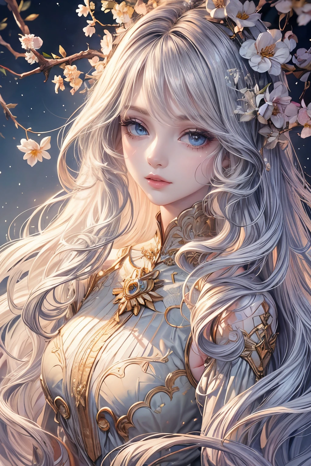 (best quality,8K,CG),detailed upper body,solitary girl,floral forest background,complex facial features,elegant long curly hair,almond-shaped big eyes,detailed eye makeup,long eyelashes,twinkling stars,exquisite lip details,soft and harmonious style.