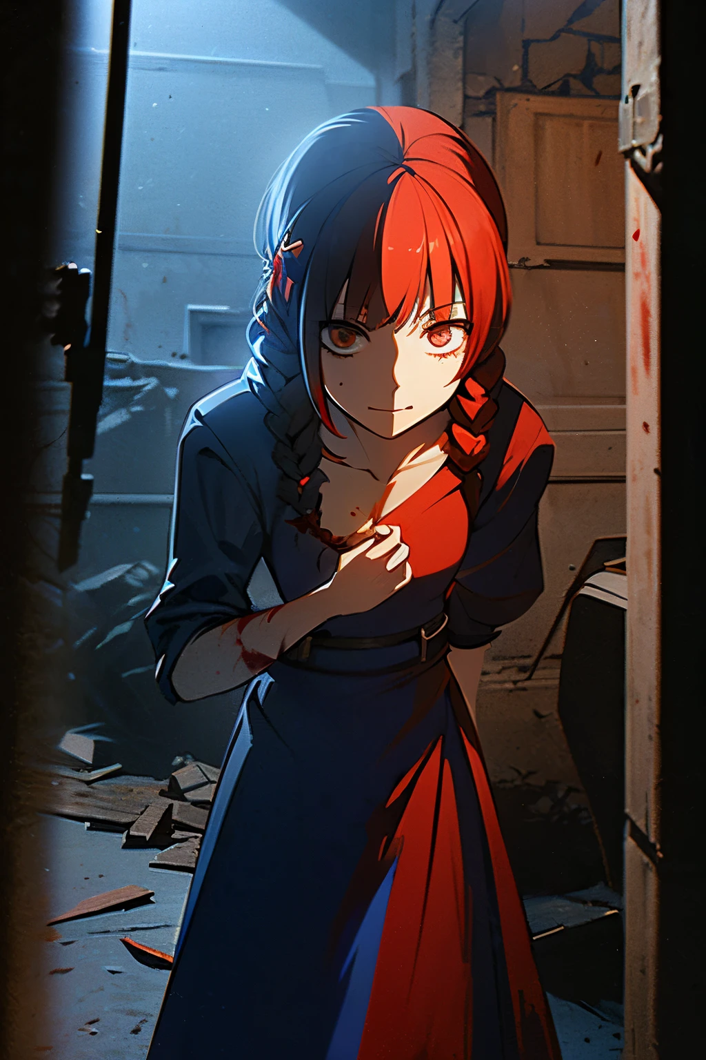 A girl, white eyes, black and red hair, long light blue dress with blood, psychotic look, perfect hand, beautiful face, in the background a destroyed medieval city, blue skin, best quality, masterpiece, hairstyle with double braids