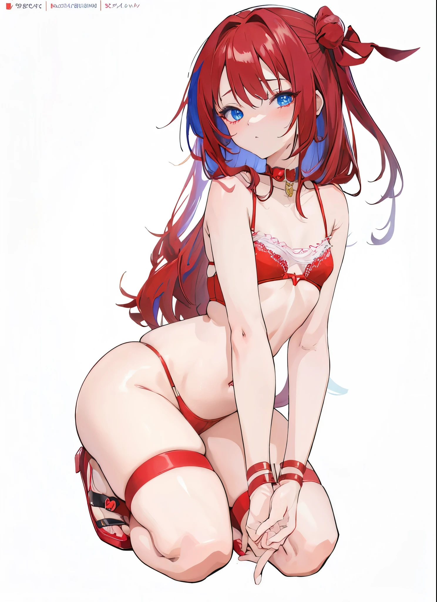 anime girl in red lingerie sitting on the ground, seductive anime girl, small curvy loli, anime moe artstyle, beautiful anime girl squatting, sexy pose, anime girl, commission for high res, made with anime painter studio, loli, some red, pixiv 3dcg, various pose, highres, thicc, oc commission, anime pose, tied with a red ribbon , dark red hair, blue eyes, The animal's ears point downwards, Perfect hand