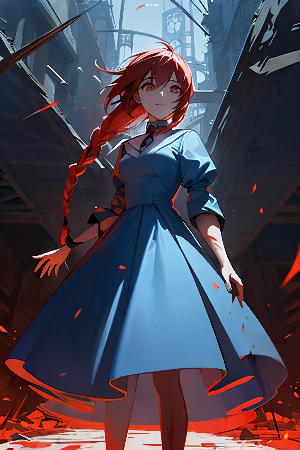 A girl, white eyes, black and red hair, long light blue dress with blood, psychotic look, perfect hand, beautiful face, in the background a destroyed medieval city, blue skin, best quality, masterpiece, hairstyle with double braids