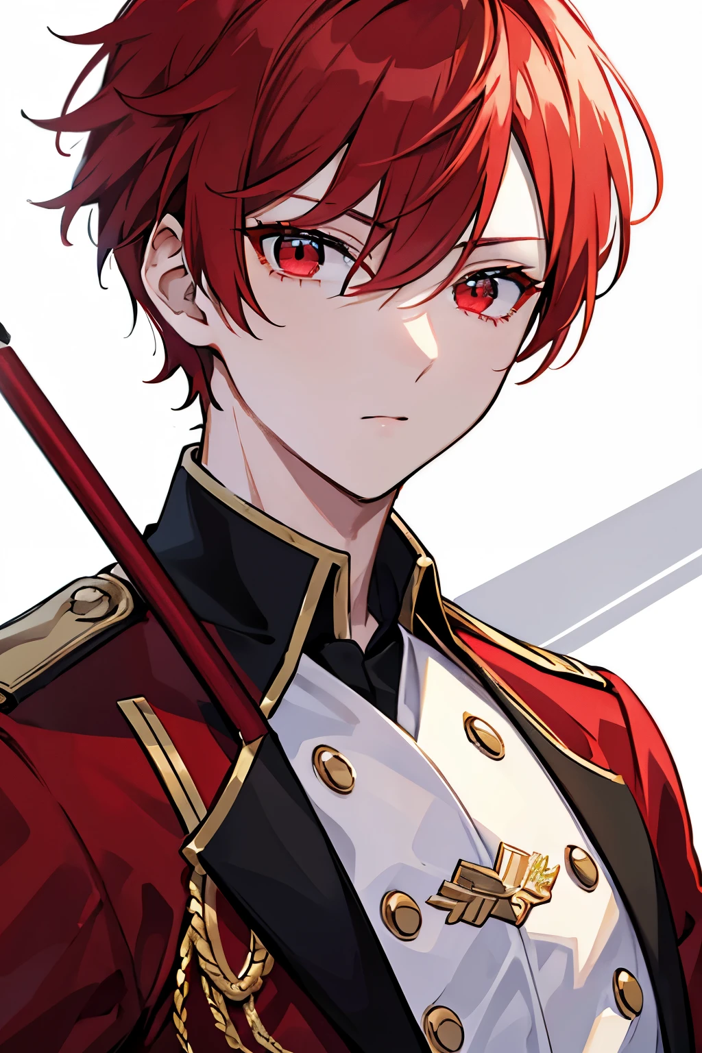male people　red short hair　red eyes　military costume rack　​masterpiece　Top image quality　denoise　Clear 　cinematic shadow　Increased attractiveness of the eyes　Clear the shine of the eyes　Draw eyelashes neatly　Perfect Eye　A detailed eye　Sharpen image quality　Sharpen eye writing　Clear eye shape