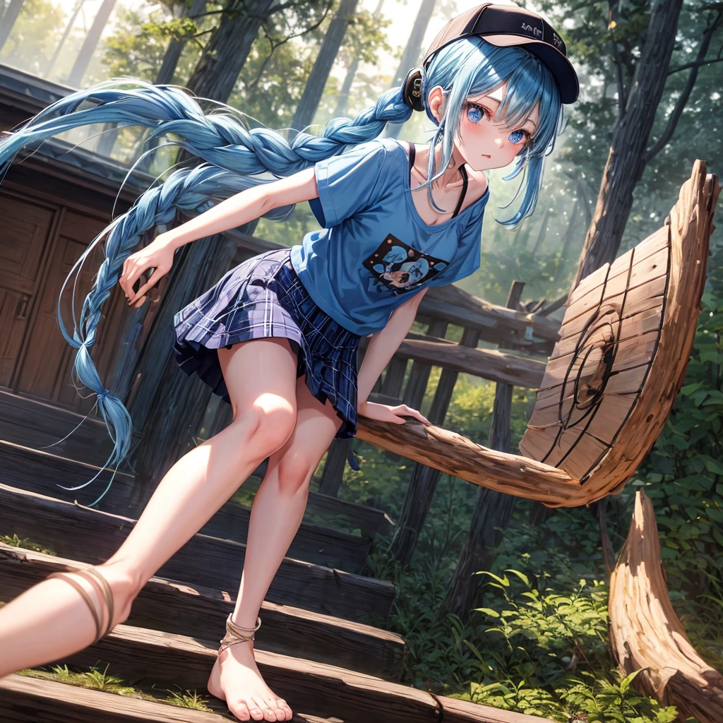 Blue hair、blue eyess、Braids、poneyTail、one good looking girl、独奏、animesque、Plaid miniskirt、Black T-shirt、camisole、the woods、Wearing a plaid baseball cap、bare-legged、Tilting your face、Walking、Crossing a log bridge while keeping balance、Doing the ribbon、have a twig、climbing the wooden stairs、falls、Blue Topaz、Sunset sky、Wearing headphones、spirals