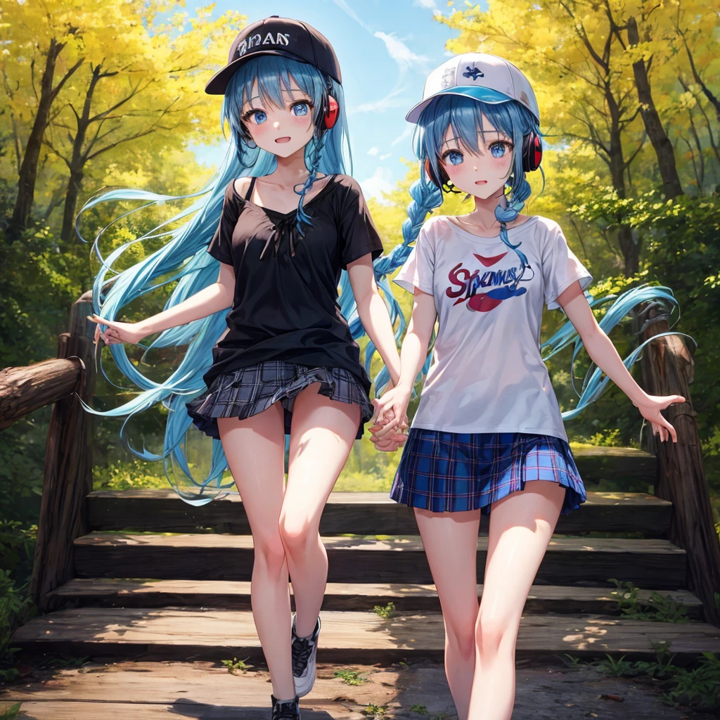 Blue hair、blue eyess、Braids、poneyTail、one good looking girl、独奏、animesque、Plaid miniskirt、Black T-shirt、camisole、the woods、Wearing a plaid baseball cap、bare-legged、Tilting your face、Walking、Crossing a log bridge while keeping balance、Doing the ribbon、have a twig、climbing the wooden stairs、falls、Blue Topaz、Sunset sky、Wearing headphones、spirals