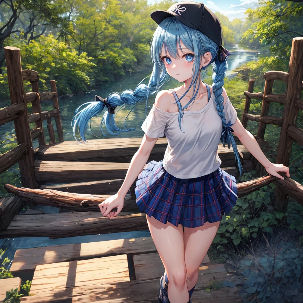 Blue hair、blue eyess、Braids、poneyTail、one good looking girl、独奏、animesque、Plaid miniskirt、Black T-shirt、camisole、the woods、Wearing a plaid baseball cap、bare-legged、Tilting your face、Walking、Crossing a log bridge while keeping balance、Doing the ribbon、have a twig、climbing the wooden stairs、falls、Blue Topaz、Sunset sky、Wearing headphones、spirals