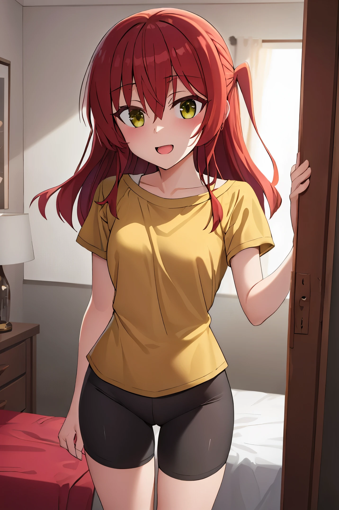 1 girl, best quality, ultra high res, long hair, red hair, green eyes, looking at viewers, small breast, standing, pov, slim body, body, small body, smile, open mouth, yellow shirt, short sleeves, bike shorts, bedroom, white bed sheets,