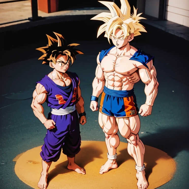 (Eine detaillierte Zeichnung von Son Goku, bodybuilding gym.), shirtless, huge muscle Body, Big Bizeps, Big shoulders, muscukar legs,abs, barefoot, mma, boxing