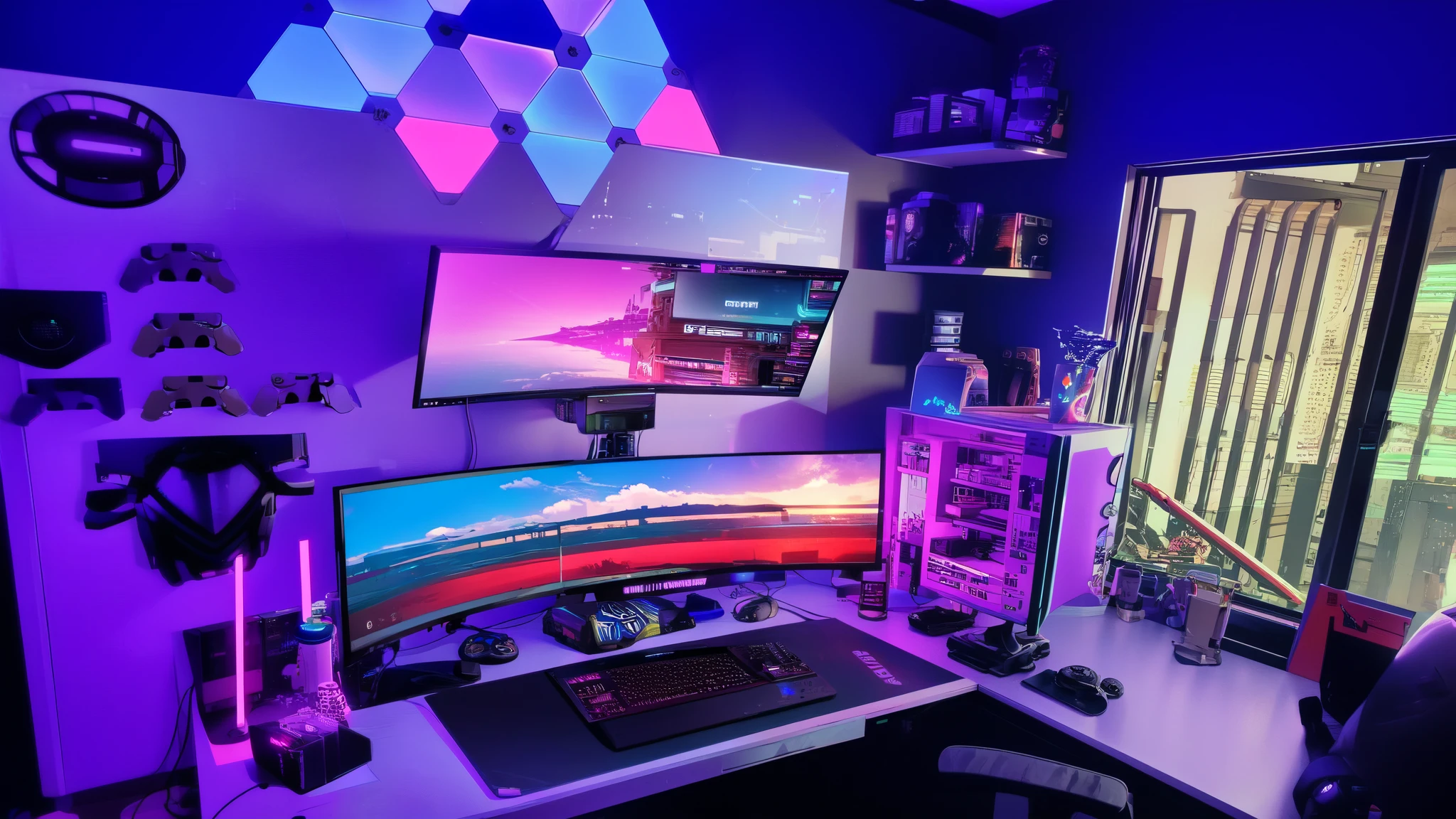 there is a desk with a computer and a monitor on it, cyberpunk setting, gaming room, in a cyberpunk themed room, dark setup, gamer themed, gamer screen on metallic desk, 8 k wide shot, gaming room in 2 0 4 0, gamer aesthetic, 8 k rez, led gaming, satisfying cable management, 8k in the style