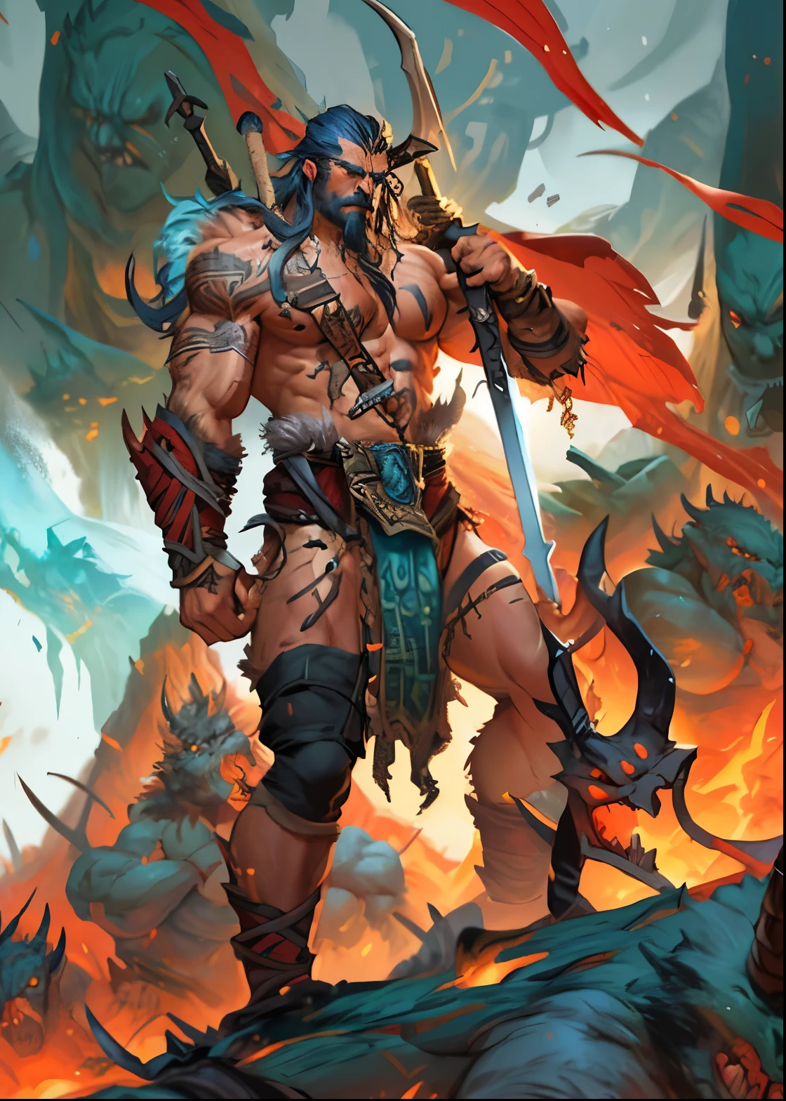 a painting of a man with a sword and a horned head, berserker potrait, barbarian class, barbarian warrior, barbarian, viking berserker, fur-clad barbarian goliath, portrait berserker barbarian, male barbarian, epic fantasy card game art, demon berserker, concept art of a warrior, epic fantasy character art, by Yang J, a very beautiful berserker woman