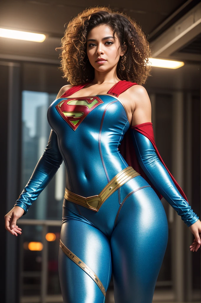 Beautiful 40 years old woman cameltoe with curly hair, attractive eyes, round and firm breasts, small and narrow waist, wide hips, round and firm buttocks, detailed, thick and sexy legs, cameltoe dressed as a supergirl. in a beautiful futuristic cyberpunk city, foggy, humid, masterpiece of photorealism, detailed and of the best quality. 8k, HDR, shallow depth field, wide light, high contrast. Backlight, light flare, chromatic aberration, sharp focus, RAW color photography, all very detailed.