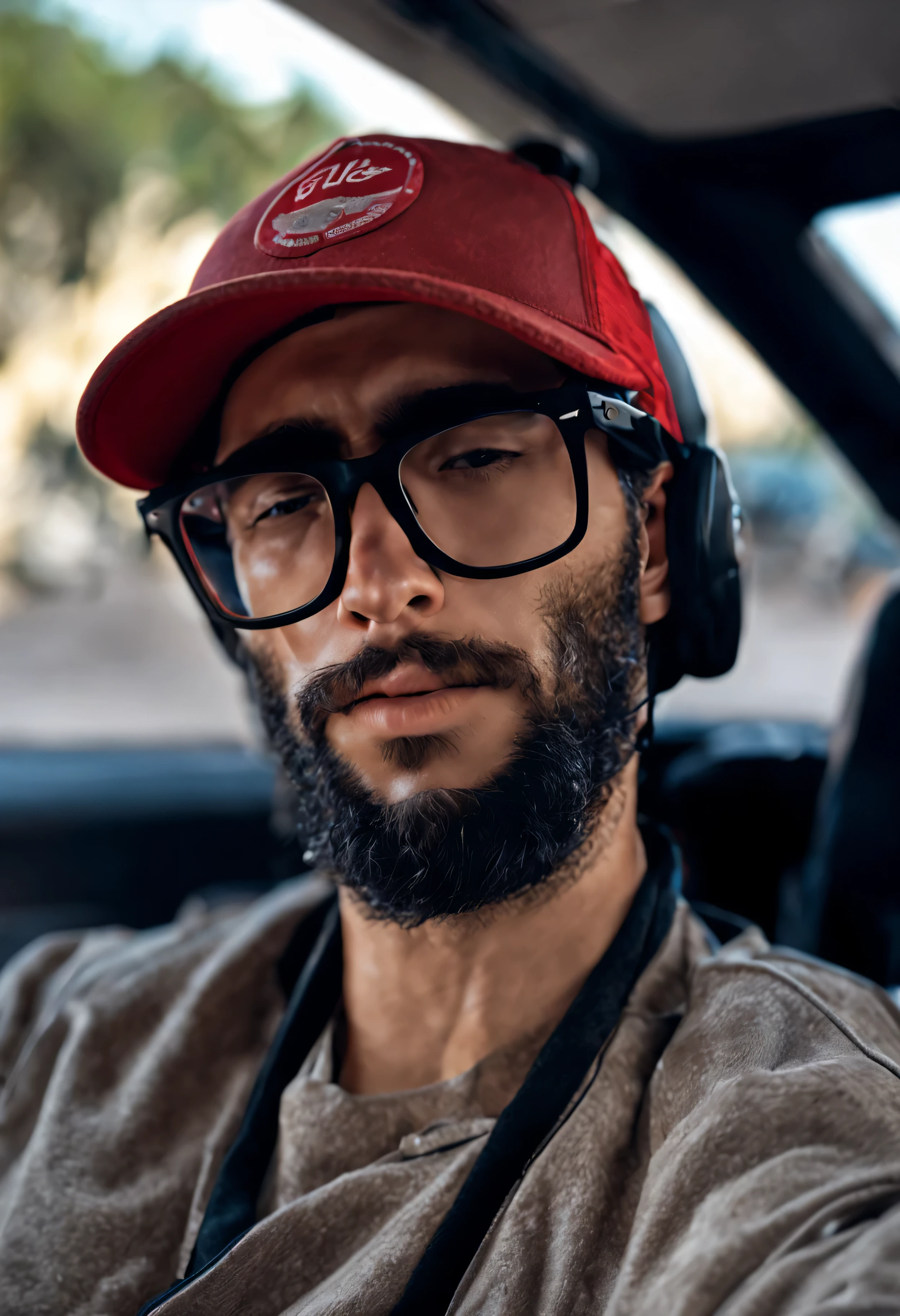 (((eljhzubl man))), ((Masterpiece)), ((Best Quality)), 8K, HD, Super Detail, (eljhzubl), (red cap, short beard, rayban glasses), (Expression closed eyes) (Sleeping in a car 1.6) (Full Body Display 1.4) The photograph is a masterpiece, with the best quality and super detail, captured in 8K HD. Photographic realistic, realistic, very detailed photograph and realistic