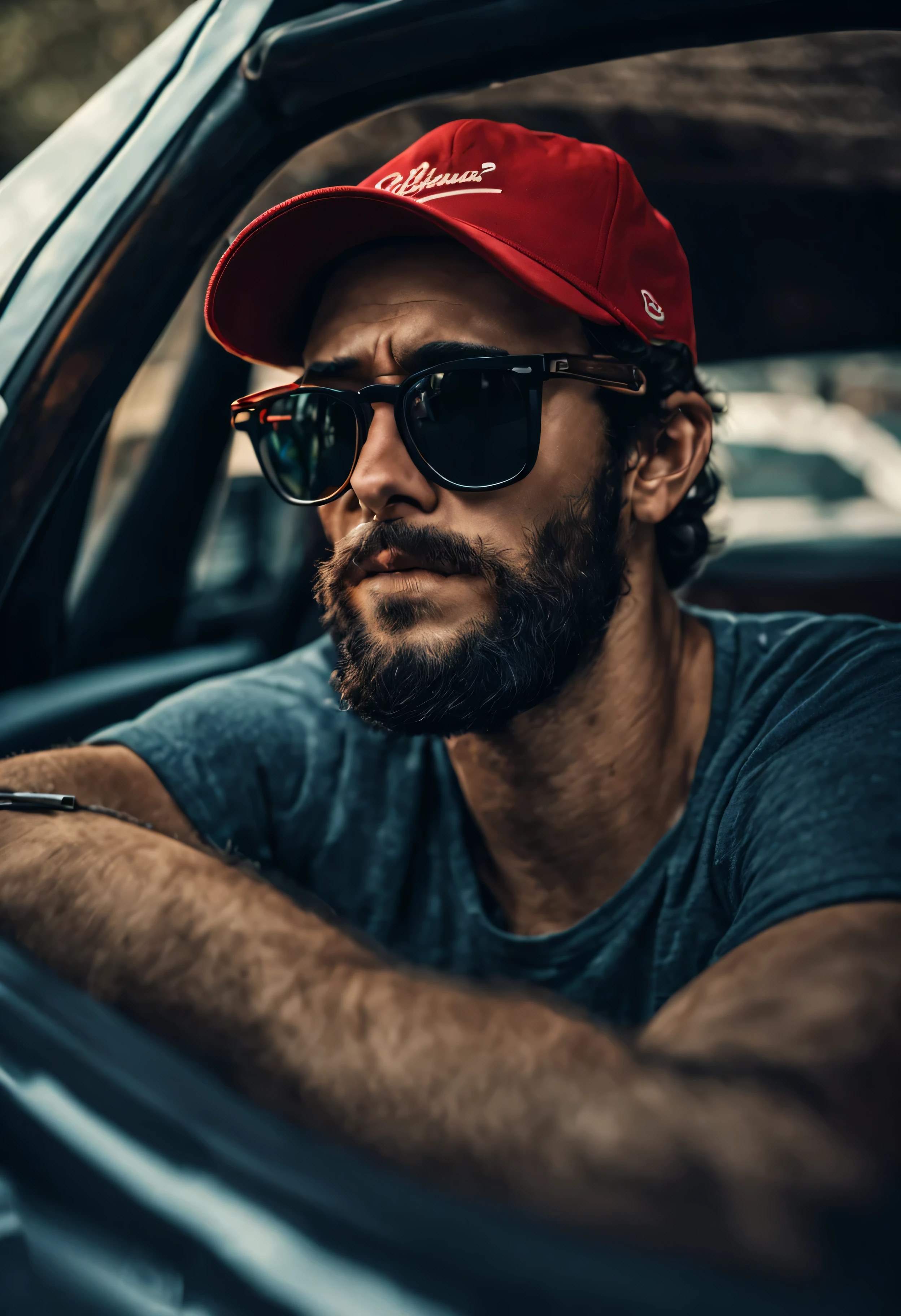(((eljhzubl man))), ((Masterpiece)), ((Best Quality)), 8K, HD, Super Detail, (eljhzubl), (red cap, short beard, rayban glasses), (Expression closed eyes) (Sleeping in a car 1.6) (Full Body Display 1.4) The photograph is a masterpiece, with the best quality and super detail, captured in 8K HD. Photographic realistic, realistic, very detailed photograph and realistic