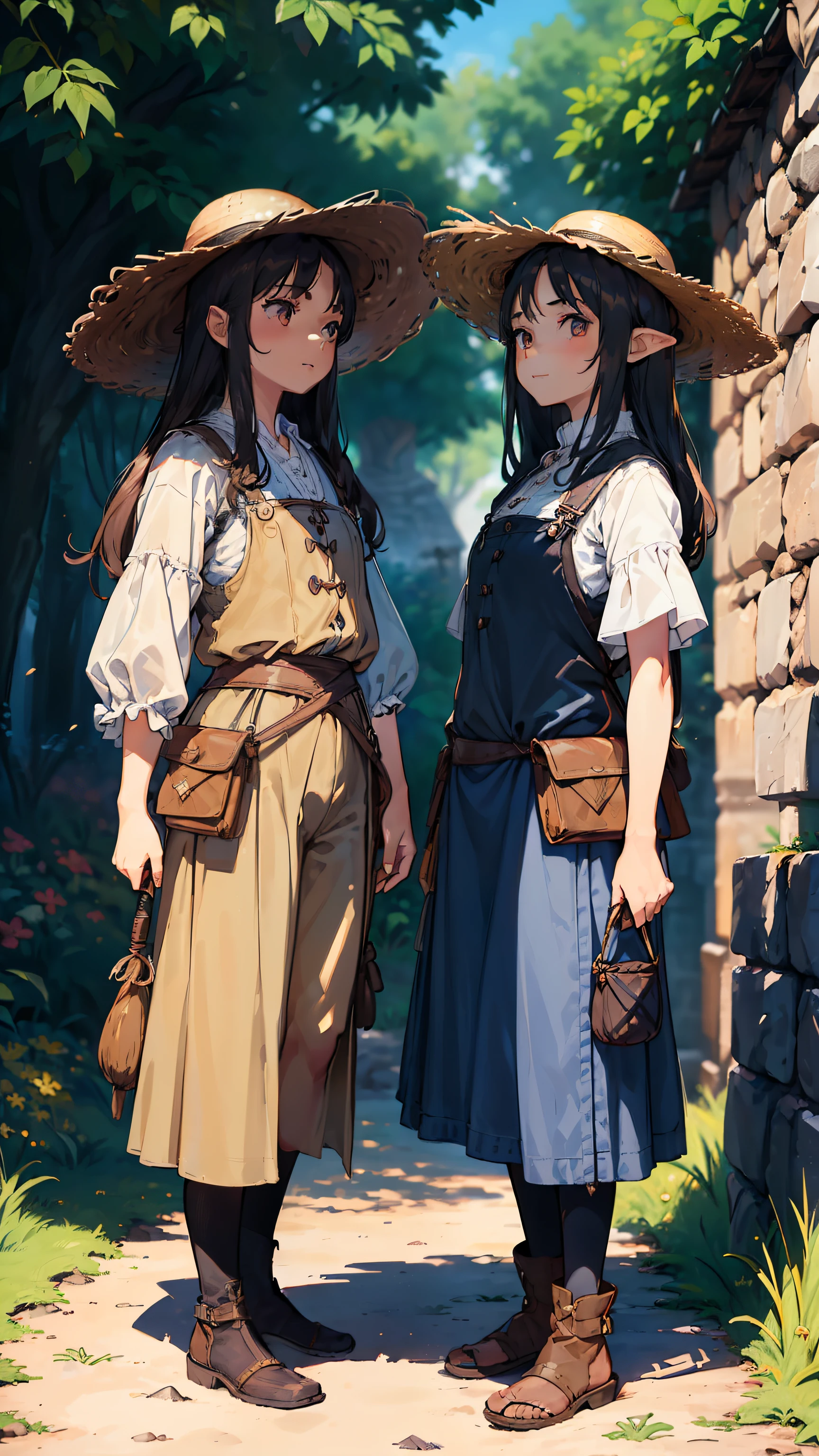 (((((2girls))))), (((((twins))))), (((((Two girls of the same height))))), masutepiece, ultra-detailliert, 8K Portrait, Raw photo, portrait photo of a female, Full body, Highly detailed face, ((Fantasy)), (((The Hobbitt))), ((Young cute)), Smile, 15yo student, (((110 cm))), ((White skin)), light brown and dark brown short wavy hair, (((Overall))), Overalls, High Cut Leather Boots, (((a straw fedora hat))), (((little waist hip pouch))), (((Have a long cane))), Dynamic Pose, Midday Sun, Hyper realistic, Slender body, on the medieval road, Ambient lighting, Shadow details, Camera focus on face, strong breeze, Light fog