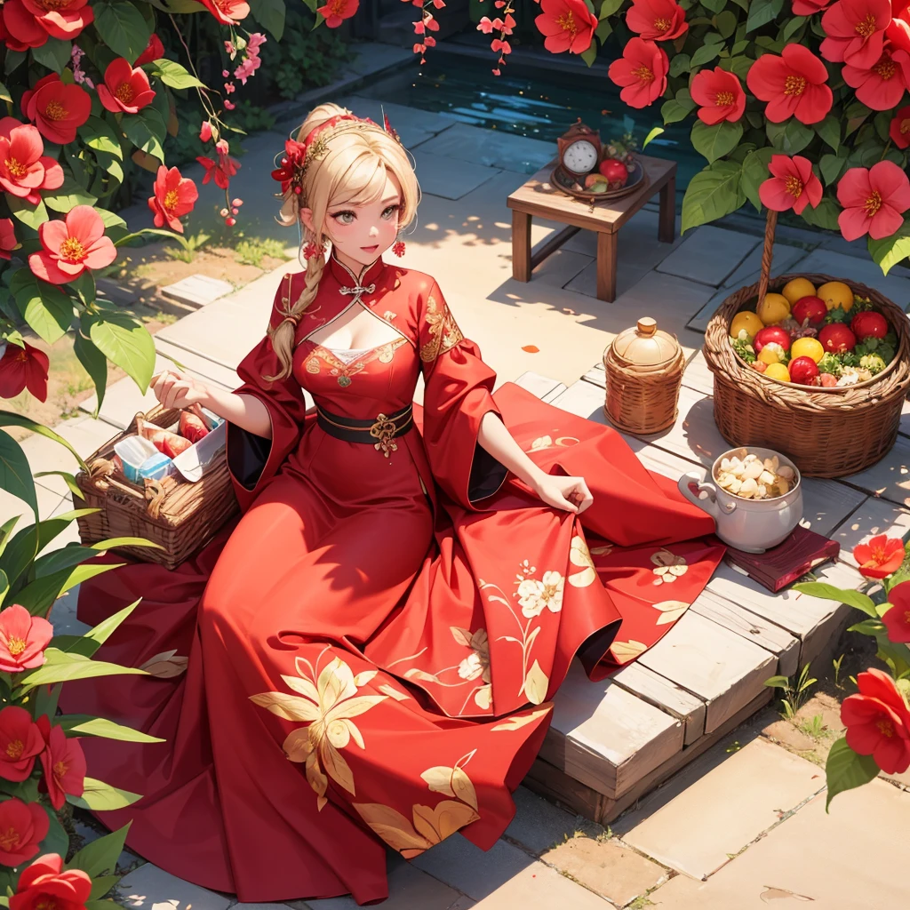 (Gilt line drawing style,Chinese New Year,New Year’s Flower Viewing Picnic,Red Jewel, Complicated details), Stunning composition, (Best quality, 4K, A high resolution, tmasterpiece:1.2), ultra - detailed,sfw