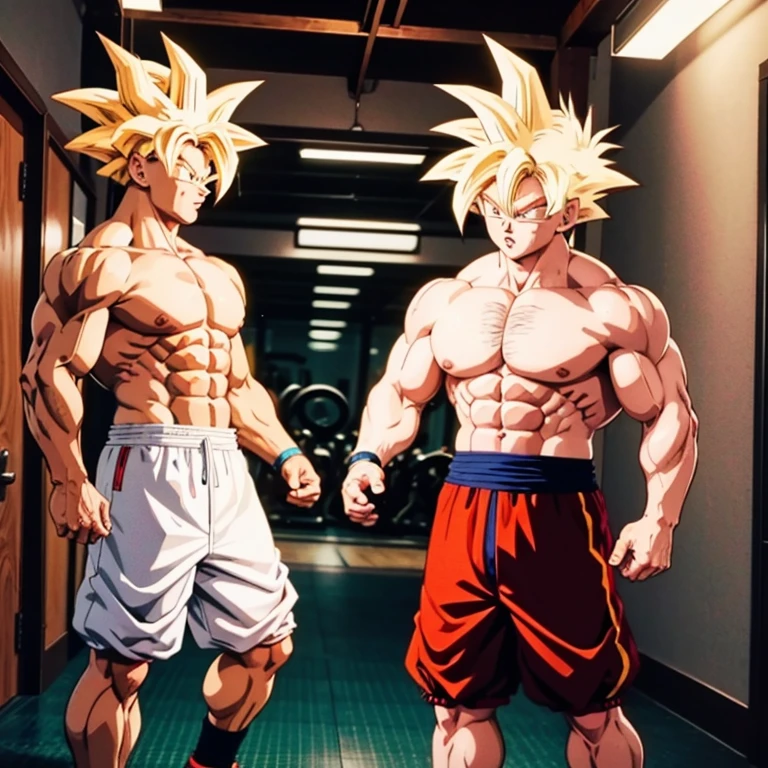 (Eine detaillierte Zeichnung von Son Goku, bodybuilding gym.), shirtless, huge muscle Body, Big Bizeps, Big shoulders, muscukar legs,abs, barefoot, mma, boxing