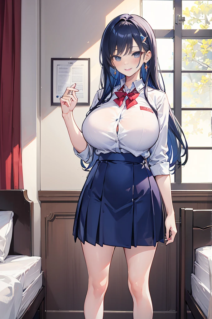 Perfect human body，Mature and intellectual woman， (very highly detailed background，Bedrooms), college aged，Student council president，long whitr hair，hair adornments，Colossal tits，Loose collar，stocklings，ssmile，sharp look，(Blushlush:1.2),look from down，