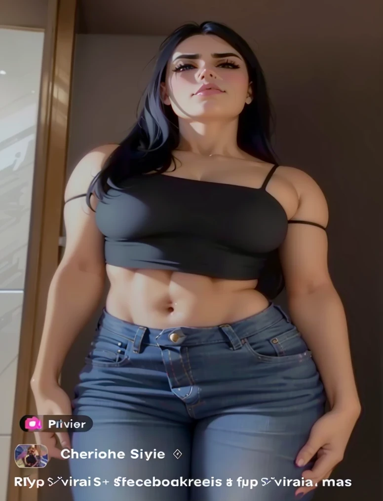 a close up of a person wearing a Parte superior negra and jeans, Llevar un sexy top recortado, look sexy, very Traje sexy, Top de cuero, Traje sexy, Uso de crop top, Llevar un lindo top, sexy , , sujetador de cuero negro, Parte superior negra, usar sujetador, Ropa reveladora, Lleva una camiseta negra sin mangas, Traje revelador