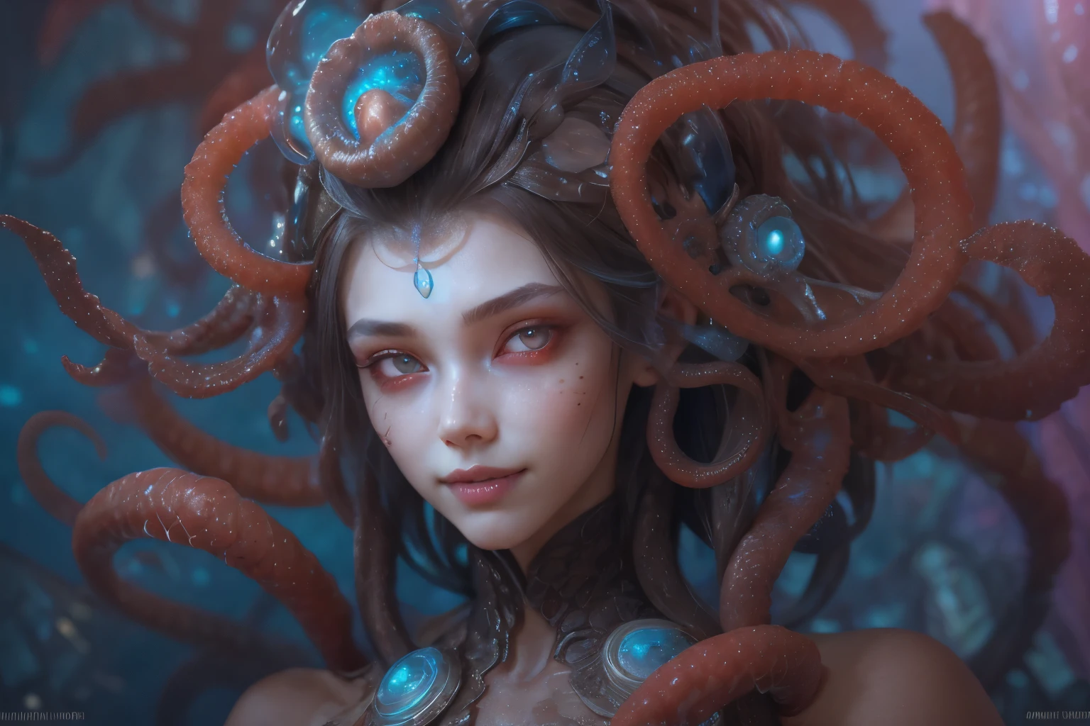 Portrait, (beautiful female alien:1.2), (she has red eyes with no pupils:1.8), (Translucent skin:1.7), (There is a female genital-like organ in the middle of the forehead:1.9), (The most beautiful face in the history of the universe:1.2),an evil gaze that seduces, (large mouth:1.1), (sharp teeth like a vampire:1.2), Full body like, (bio luminescent:1.5), (Smile wickedly:1.3), (sexypose:1.5), alien, No humans, cells are fused, (Lots of translucent tentacles:1.3) extraterrestrial, cell, bio image, Best Quality, 8K,4K_quality, High Definition, Dramatic Lighting, masutepiece:1.5,cinematic quality, detail up, (Intricate details:1.2), High resolution, High Definition, drawing faithfully, (Thick eyebrows:1.2), Beautiful eyes with fine symmetry,(Highly detailed face and eyes:1.2), Intimate face, (Super detailed skin quality feeling:1.4), Perfect Anatomy, (Beautiful toned body:1.5), (Moist skin:1.2), No makeup, (dark circles:1.1), long canines, cinematic drawing of characters, ultra high quality model, cinematic quality, detail up, (Intricate details:1.2), High resolution, High Definition, drawing faithfully, Official art, Unity 8K wall , 8K Portrait, Best Quality, Very High resolution, ultra detailed artistic photography, midnight aura, unreal enginee 5, Ultra Sharp Focus, art by alberto seveso, ArtGerm, Roisch, intricate artwork, best quality, masutepiece, ultra High resolution, (photos realistic:1.4), Ultra-realistic realism, dream-like, nautilus, Creation of fantasy, Snail, Dream Snail, biopunk nautilus, Thrilling color schemes, Ultra-realistic realism, seductively smiling, Blue tentacles,