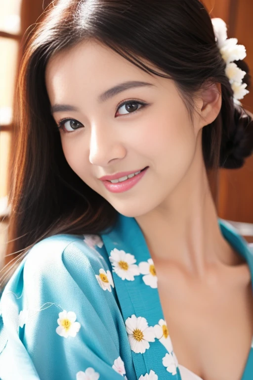 Beautiful woman with good eyes and nose、Beautiful as a model、Cute like a model、Eyes are double、How to use regular mascara、Eye color blue、Hair color pink、Her face is delicate and elegant.、8k picture、Beautiful style like a model、Ordinary large、A refreshing and lovely smile、Pose like a model、Overall portrait、Snapshots、Glamaloid Smile、Beautiful and delicate face like a model、Best Quality、masuter piece、Cute smile、 Elegant beauty、The season is winter、natural make up、Thin eyeshadow、A little more bust up、A woman wearing a beautiful kimono is smiling brightly in a Japanese-style room during the New Year.、Decorated with kadomatsu and kagami-mochi.、In a well-lit room、Since I am wearing a kimono, I sit straight.、Cute like a model in sunny clothes、