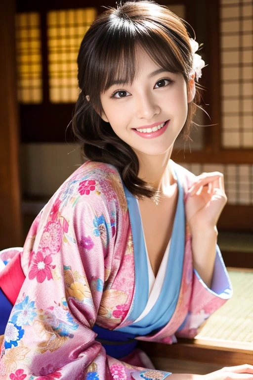 Beautiful supermodel woman with brown hair, Hair with subtle highlights, Iris, Mixed Media, sexy,Tatami room、Disheveled bedding,Brightly colored yukata robes, Off the shoulder、Oiran、Smiling