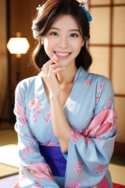 Beautiful woman with good eyes and nose、Beautiful as a model、Cute like a model、Eyes are double、How to use regular mascara、Eye color blue、Hair color pink、Her face is delicate and elegant.、8k picture、Beautiful style like a model、Ordinary large、A refreshing and lovely smile、Pose like a model、Overall portrait、Snapshots、Glamaloid Smile、Beautiful and delicate face like a model、Best Quality、masuter piece、Cute smile、 Elegant beauty、The season is winter、natural make up、Thin eyeshadow、A little more bust up、A woman wearing a beautiful kimono is smiling brightly in a Japanese-style room during the New Year.、Decorated with kadomatsu and kagami-mochi.、In a well-lit room、Since I am wearing a kimono, I sit straight.、Cute like a model in sunny clothes、