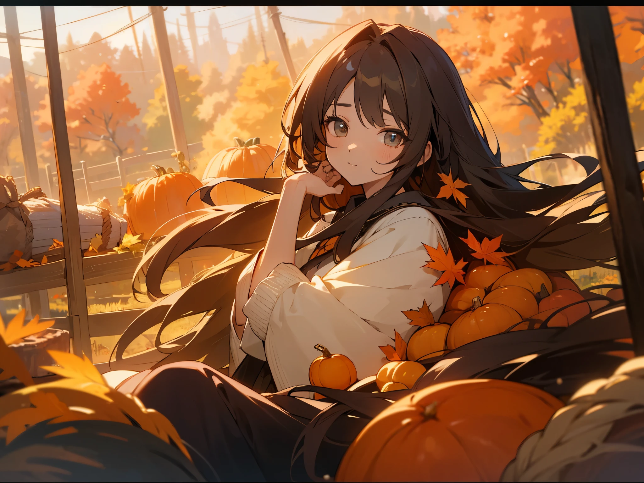 1 anime girl with long hair, beautiful eyes, masterpiece, high res, ultrasharp and 8K qualities. Cozy autumn scene, perhaps enjoying a harvest festival or Thanksgiving. Warm and rustic colors can contribute to the fall atmosphere.