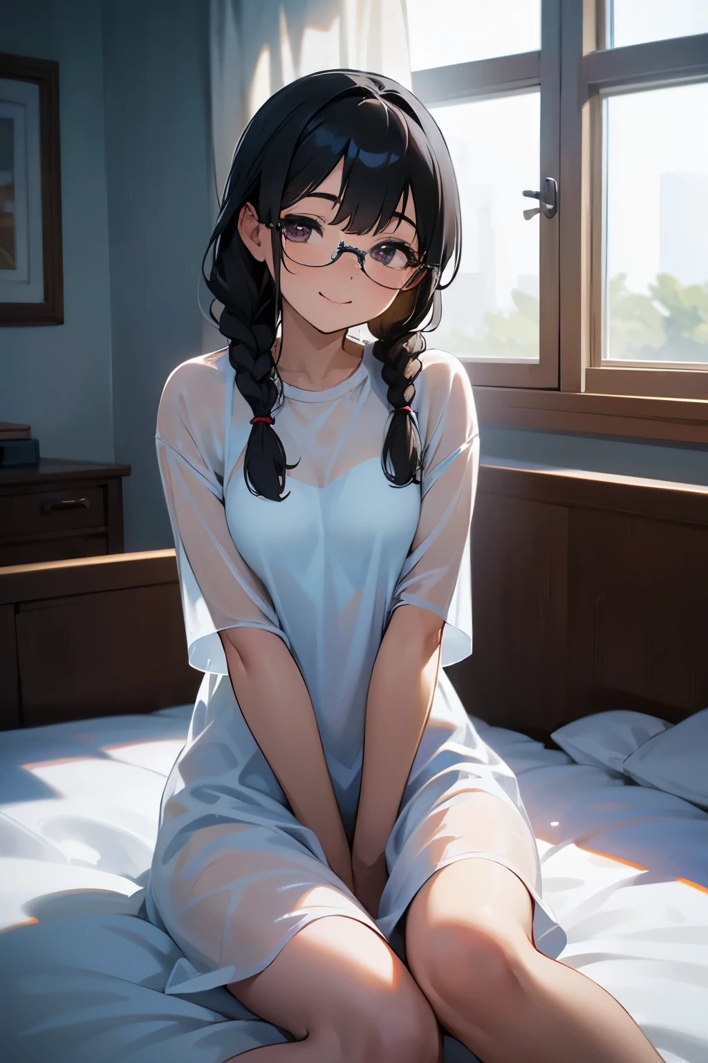 (masterpiece, best quality),1 young cute girl, glasses, braids, black hair, morning, window, white pajamas, ((see through)), bed, brownn eyes, shy , smile, hand between legs,