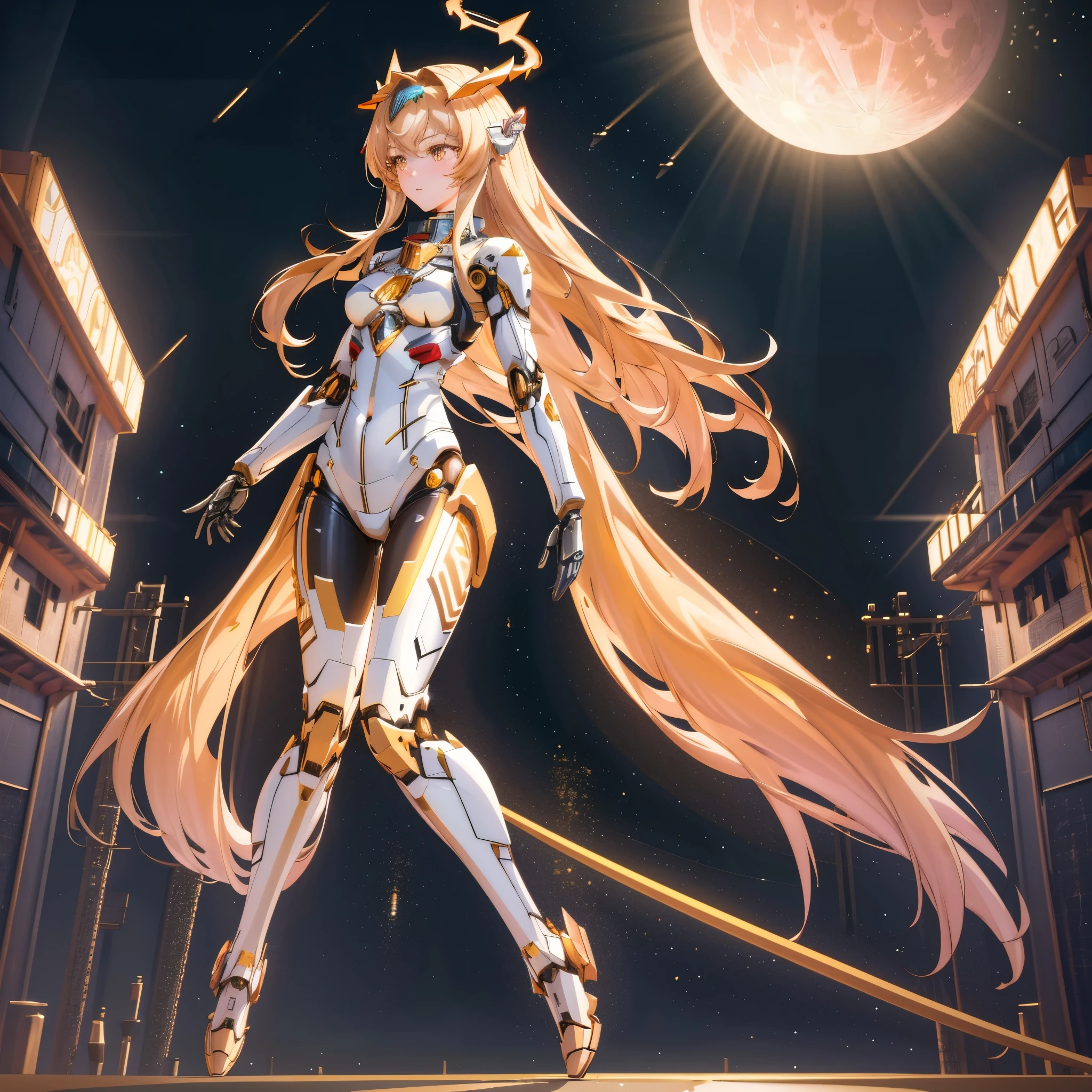 masterpiece,photorealistic,realistic,best quality,highres,extremely detailed CG wallpaper,detailed face,1girl,very long hair,floating hair,small breasts,full body,bokeh,cinematic lighting,chiaroscuro,mecha musume, headgear,mechanical arms, bodysuit,moon,starry sky,galaxy,mechanical horns,mechanical halo,
