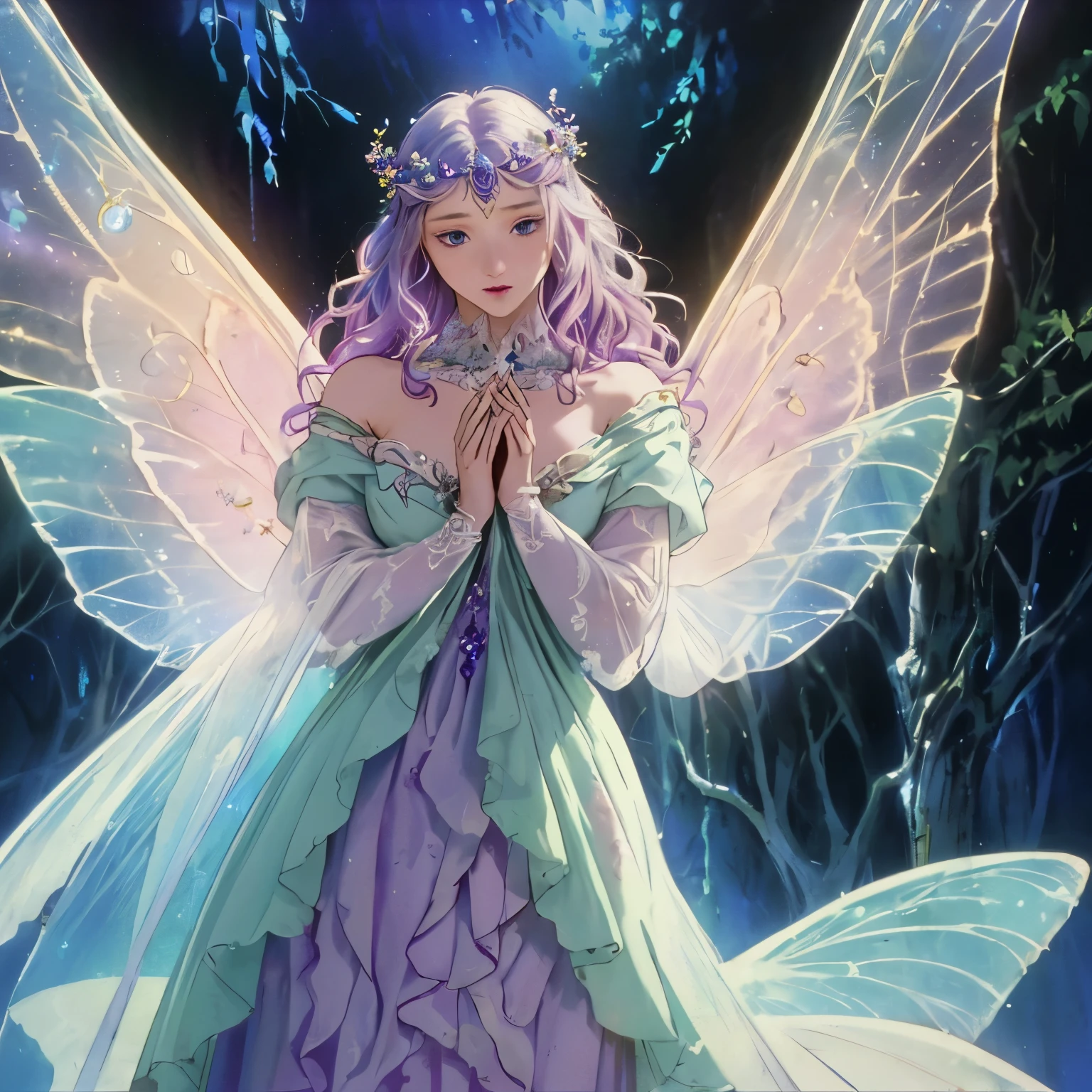 (a fairy),(portrait HD,highres),(realistic:1.37),(vivid colors),(glowing wings),(magical background),(detailed features),(delicate, ethereal),(enchanted),(soft lighting),(mystical atmosphere),(sharp focus),(fine brush strokes),(fairy dust),(elegant pose),(beautiful costume),(sparkling eyes),(dream-like),(natural elements),(artistic creativity),(whimsical),(enchanted forest),(colorful flora),(graceful),(intricate details),(fantasy),(enchanted creature),(translucent skin),(flowing hair),(surreal),(storybook quality),(captivating),(ethereal beauty),(magical creatures),(dreamy),(expressive),(captivating gaze),(harmonious color palette),(otherworldly),(serene),([glowing] background),(fascinating composition),(subtle gradients),(fine art masterpiece:1.2)