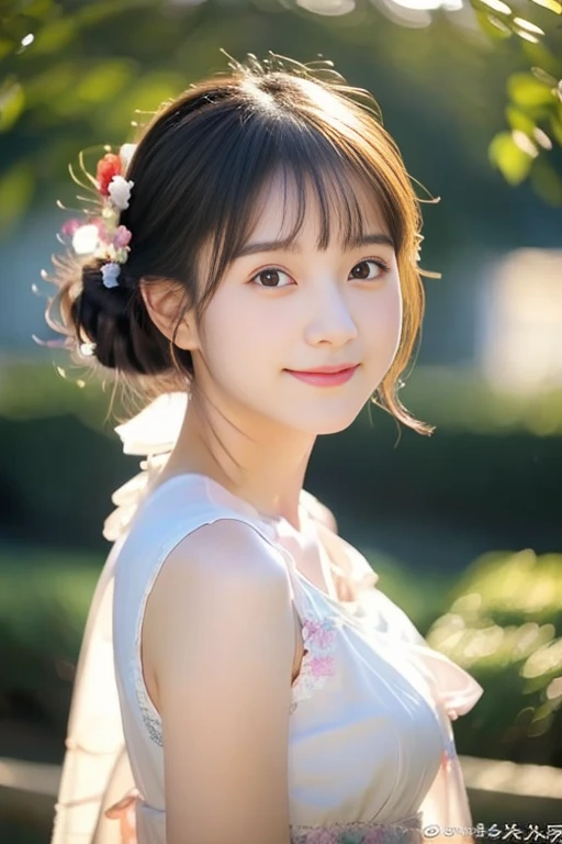 ((​masterpiece))),  (One beautiful Japan girl, classmates, Innocence，kawaii) ，超A high resolution, Realistic, ultra-detailliert, 8K,top-quality, Extremely detailed, A slender,very beautiful japanese girl, Detailed face:1.3), (Bery short hair，I tied her hair in a bun.A dark-haired :1.4), (a ，kawaii系,adorable 18 year old beautiful girl), (Perfect body:1.1)，(A beautiful woman in a white dress is flying in the sky, Artgerm style, floating in sky)，Cute and innocent look，Please show me your beautiful teeth,Wonderland, sexy  pose，rosy cheeks, Sparkling eyes, 发光, happiness, warm and soft clouds, evening glow, (spark of light: 0.7)，Pastel color palette, dreamy ambiance, Magical, Vivid colors, Bokeh，