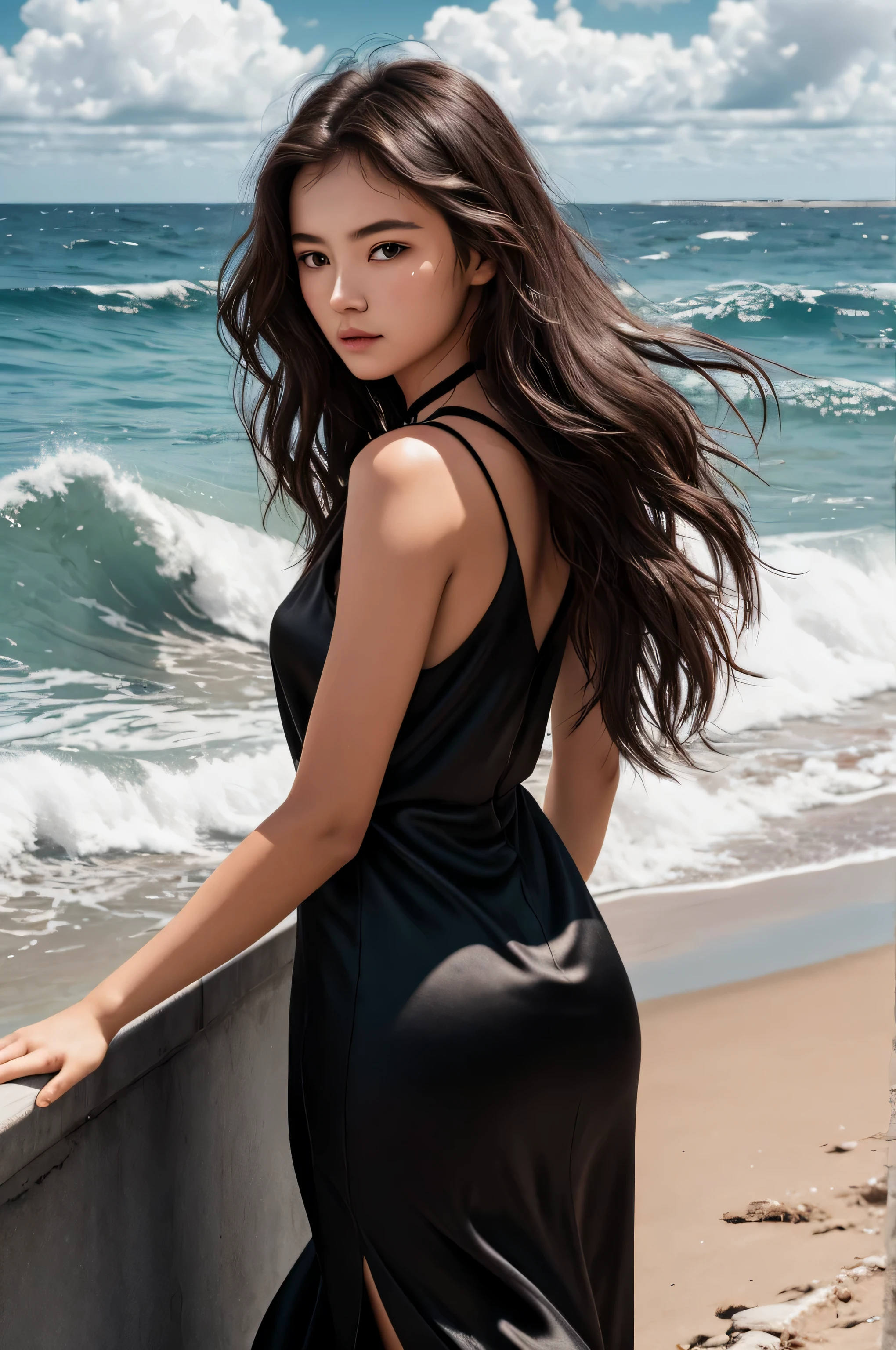 {there is a yong girl walking down a footpath that runs next to the ocean. she is beautiful, and attractive. she is wearing a long black silk dress. the dress is large, and goes down to the ground. it is v-neck and sleeveless. she has beautiful long brown hair, and beautiful hazel eyes. there is really strong winds blowing, with her hair and dress flowing in the wind. there is a lot of waves in the ocean. the sky is cloudy, and dull. there is a few gulls flying in the background.}, {best quality}, {{masterpiece}}, {highres}, {{{8k}}}, extremely detailed girl, {{{caucasian skin}}}, {{{detailed face}}}, {photo-realism}, {{perfect anatomy}}, sharp focus, {{{character{1 girl}}}}, solo, {{{{{sharp focus}}}}}, {{{detailed cloth texture}}}, {{{detailed skin texture}}}, {{{smooth lighting}}}, {{australian decent}}, {{18-years old girl}},