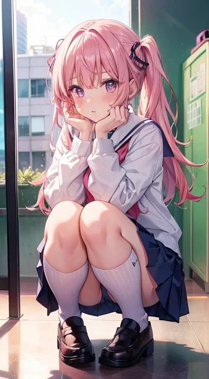 1girl, Cute underwear, Squatting panchira, school uniform, pink hair, worried