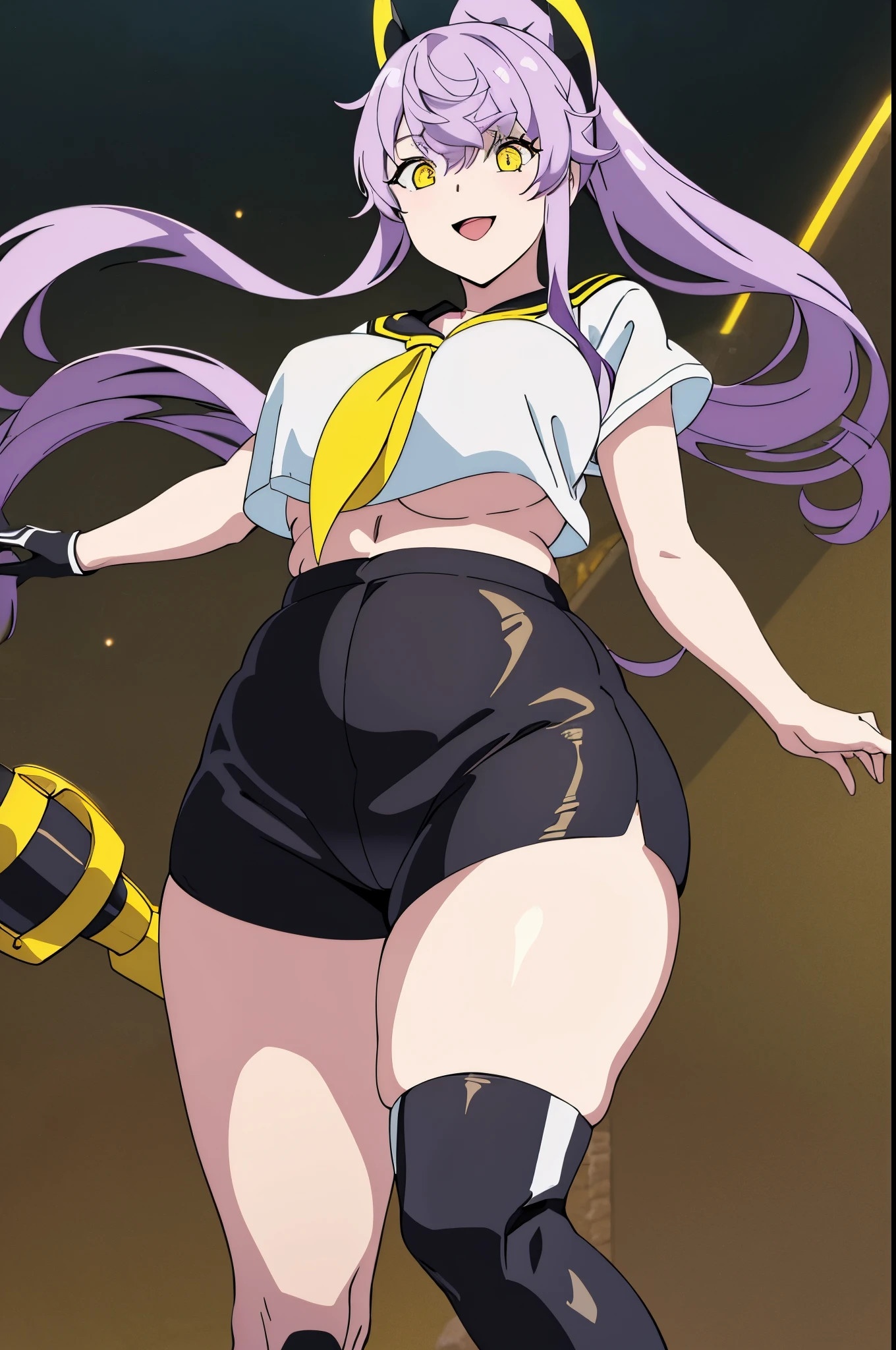NSFW, Top-quality, Super high resolution, Anime style, masterpiece, Purifier, 1girl, solo, light purple hair, Very long ponytail, black gloves, black shorts, crop top, black and yellow hair clip, headgear, midriff, sailor collar, sailor shirt, short sleeves, yellow neckerchief, micro shorts, black sailor collar, thigh boots, Big boobs, Voluptuous, Plump, Chubby, Thick thighs, Big ass, yellow color eyes, Eyes are glowing, Beautiful eyes, To open one's eyes wide, Evil smile, cowboy shot, From below, Fullbody, Looking at viewer, On the sea