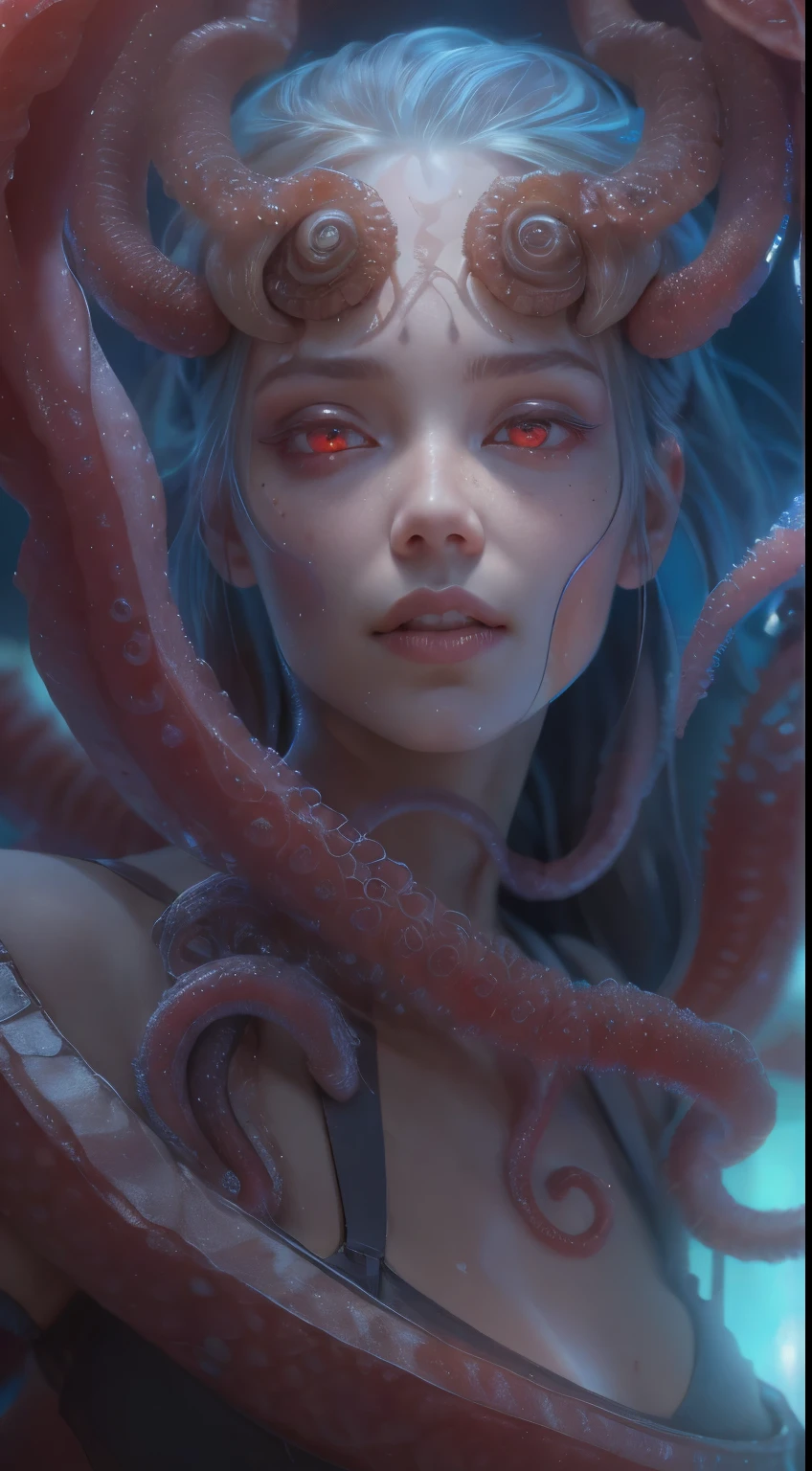 Portrait, (beautiful female alien:1.2),  (she has red eyes with no pupils:1.8), (Translucent skin:1.7),  (There is a female genital-like organ in the middle of the forehead:1.9), (The most beautiful face in the history of the universe:1.2),an evil gaze that seduces, (large mouth:1.1), (sharp teeth like a vampire:1.2), Full body like, (bio luminescent:1.5), (Smile wickedly:1.3),  (sexypose:1.5), alien, No humans, cells are fused, (Lots of translucent tentacles:1.3) extraterrestrial, cell, bio image, Best Quality, 8K,4K_quality, High Definition, Dramatic Lighting, masutepiece:1.5,cinematic quality, detail up, (Intricate details:1.2), High resolution, High Definition, drawing faithfully, (Thick eyebrows:1.2), Beautiful eyes with fine symmetry,(Highly detailed face and eyes:1.2), Intimate face, (Super detailed skin quality feeling:1.4), Perfect Anatomy,  (Beautiful toned body:1.5),  (Moist skin:1.2), No makeup, (dark circles:1.1), long canines, cinematic drawing of characters, ultra high quality model, cinematic quality, detail up, (Intricate details:1.2), High resolution, High Definition, drawing faithfully, Official art, Unity 8K wall  , 8K Portrait, Best Quality, Very High resolution, ultra detailed artistic photography, midnight aura,  unreal enginee 5, Ultra Sharp Focus, art by alberto seveso, ArtGerm, Roisch, intricate artwork, best quality, masutepiece, ultra High resolution, (photos realistic:1.4), Ultra-realistic realism, dream-like,  nautilus, Creation of fantasy, Snail, Dream Snail,  biopunk nautilus, Thrilling color schemes， Ultra-realistic realism， seductively smiling, Blue tentacles,