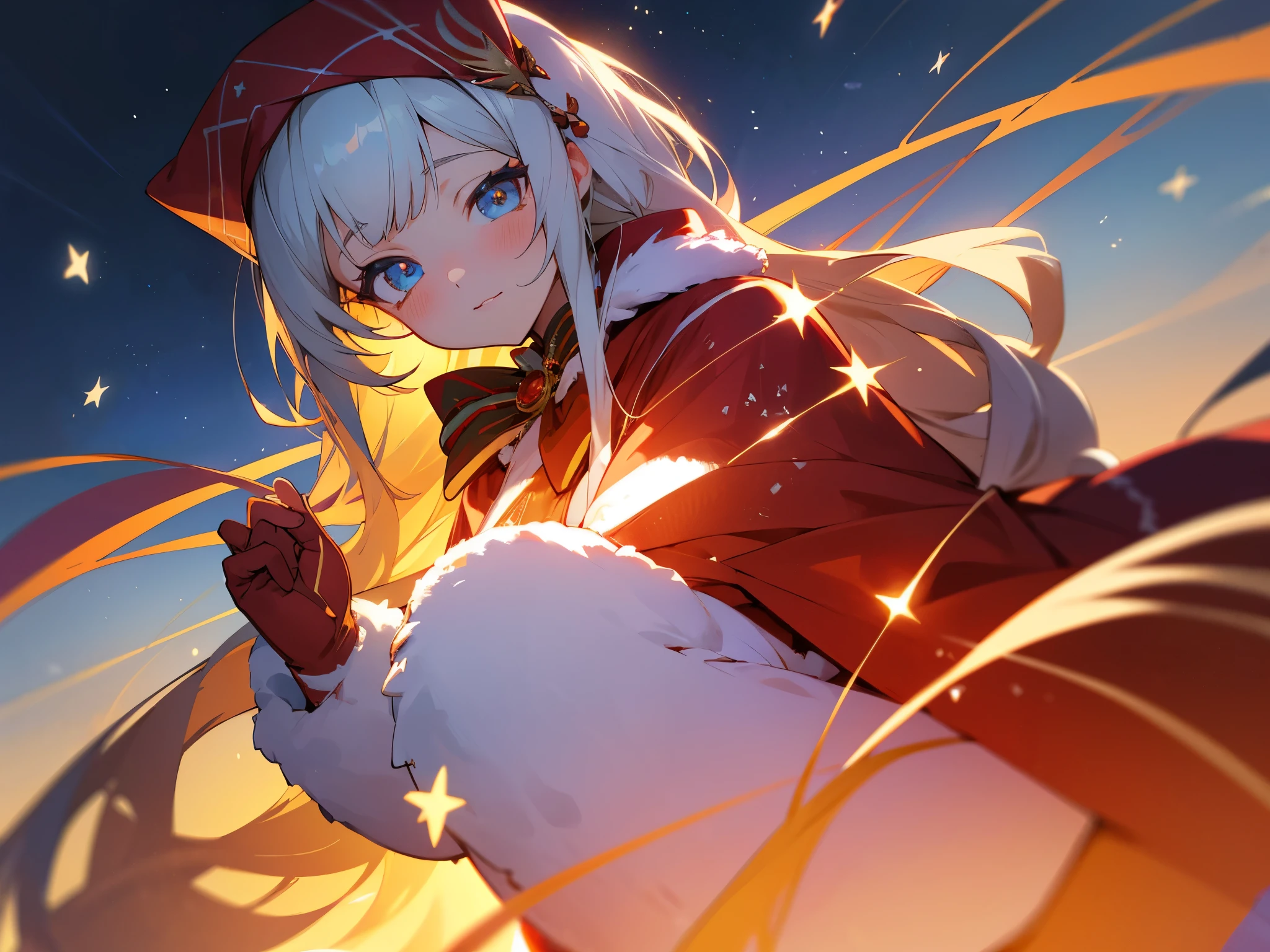 1 anime girl with long hair, beautiful eyes, masterpiece, high res, ultrasharp and 8K qualities. Festive holiday scene, featuring your anime girls in winter-themed outfits. Use rich colors and a celebratory atmosphere to capture the holiday spirit.