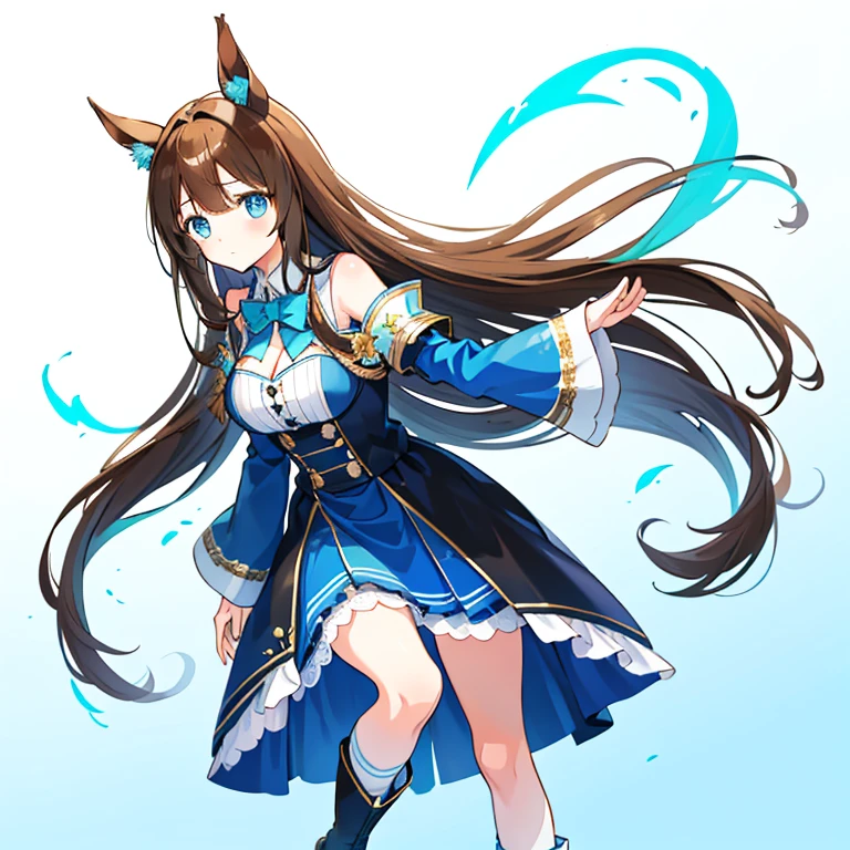 ((tmasterpiece, Best quality at best)),(illustratio),(detailedlight),((Extremely Delicately Beautiful)),1 girl,Horse Ear,Horse girl,long whitr hair,Brown hair,gradient blue eyes,Bright pupils,black over-the-knee socks,Black and blue dress,Blue socks,blue skirts，knee length socks,boots,longer sleeves,frilld, footwear,cropped shoulders, Cleavage cutouts，The large，The stands up，back shadow，It really brings tears to my eyes