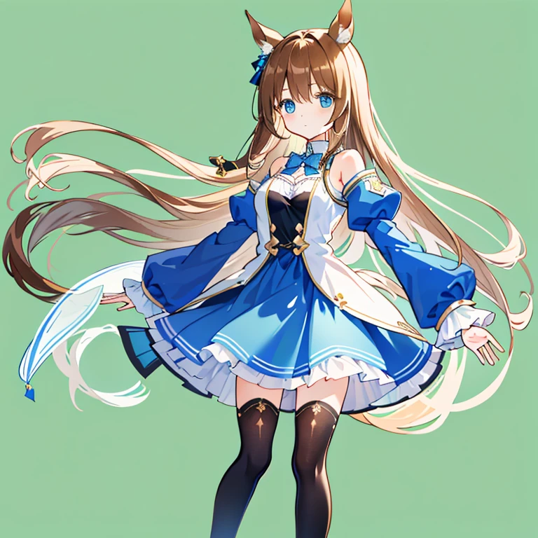 ((tmasterpiece, Best quality at best)),(illustratio),(detailedlight),((Extremely Delicately Beautiful)),1 girl,Horse Ear,Horse girl,long whitr hair,Brown hair,gradient blue eyes,Bright pupils,black over-the-knee socks,Black and blue dress,Blue socks,blue skirts，knee length socks,boots,longer sleeves,frilld, footwear,cropped shoulders, Cleavage cutouts，The large，The stands up，back shadow，It really brings tears to my eyes