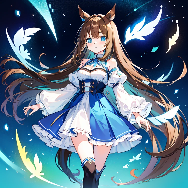 ((tmasterpiece, Best quality at best)),(illustratio),(detailedlight),((Extremely Delicately Beautiful)),1 girl,Horse Ear,Horse girl,long whitr hair,Brown hair,gradient blue eyes,Bright pupils,black over-the-knee socks,Black and blue dress,Blue socks,blue skirts，knee length socks,boots,longer sleeves,frilld, footwear,cropped shoulders, Cleavage cutouts，The large，The stands up，back shadow，It really brings tears to my eyes