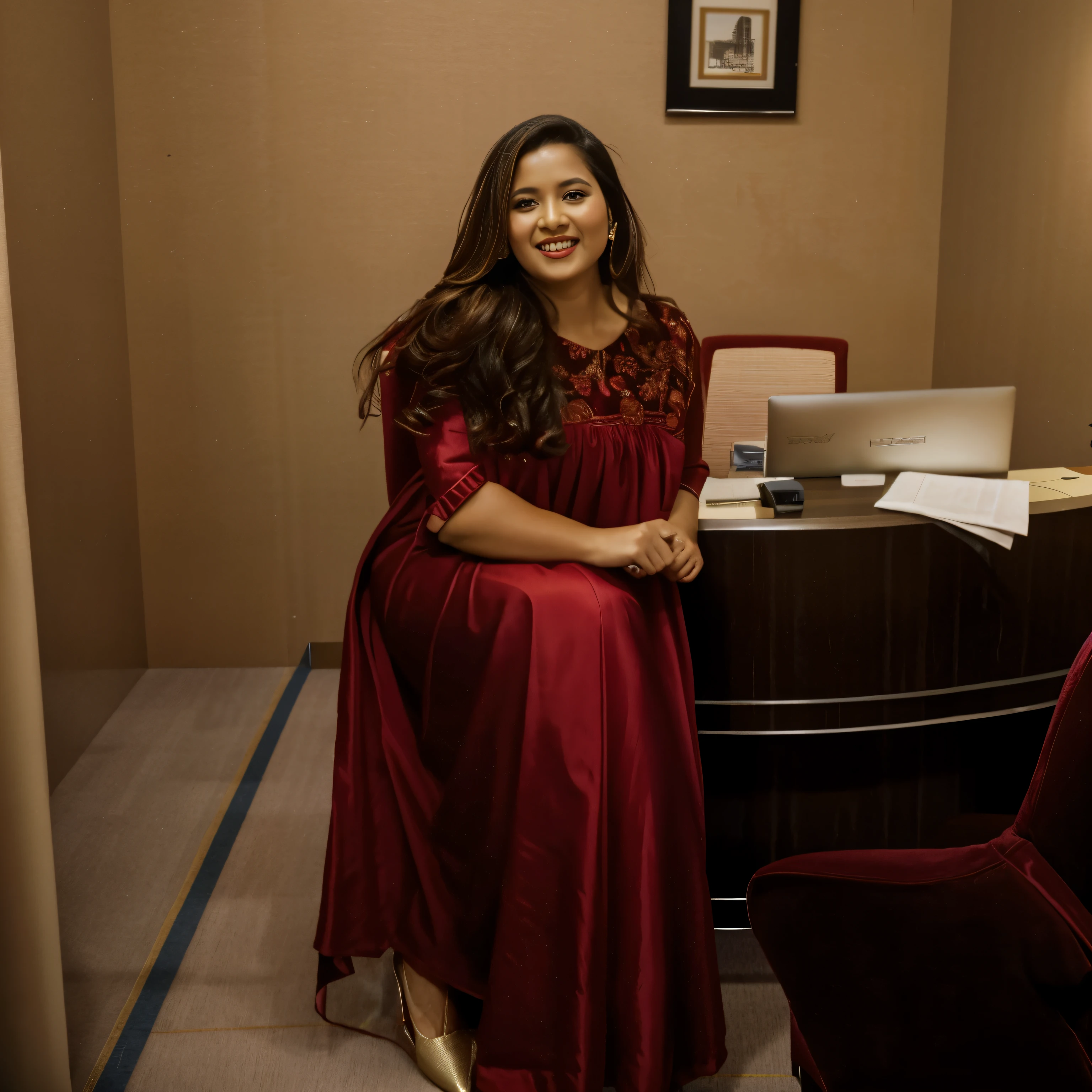 woman in red dress standing in front of a reception desk, in office, in the office, in an office, with a happy expression, idian dress, wearing an elegant tribal outfit, sitting in office, dressed in long fluent skirt, wearing an elegant dress, dressed with long fluent clothes, with a cool pose, doing an elegant pose, candid picture